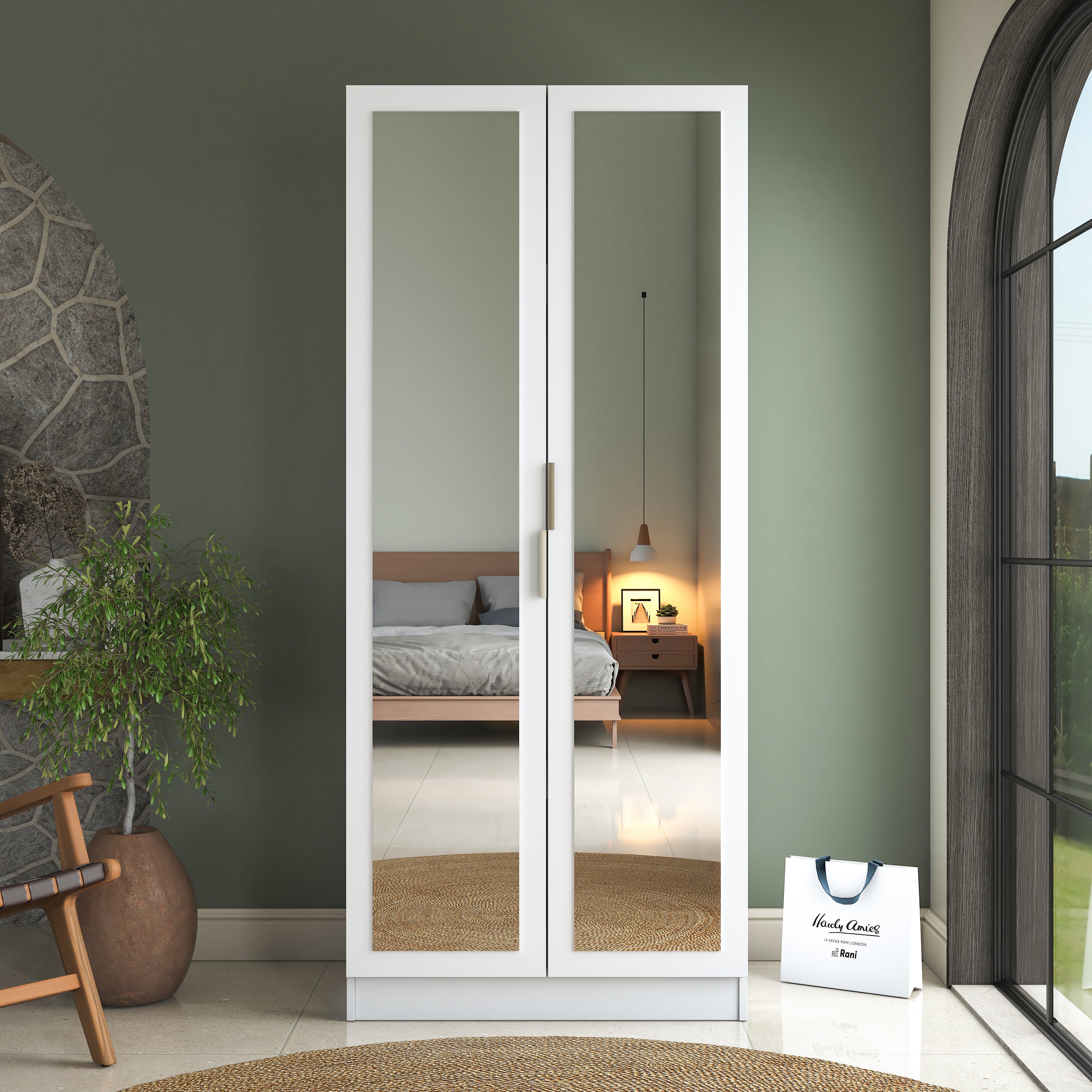 Rani BA231 Ayna Kapaklı Gardırop 4 Raflı 2 Kapaklı Elbise Dolabı Beyaz