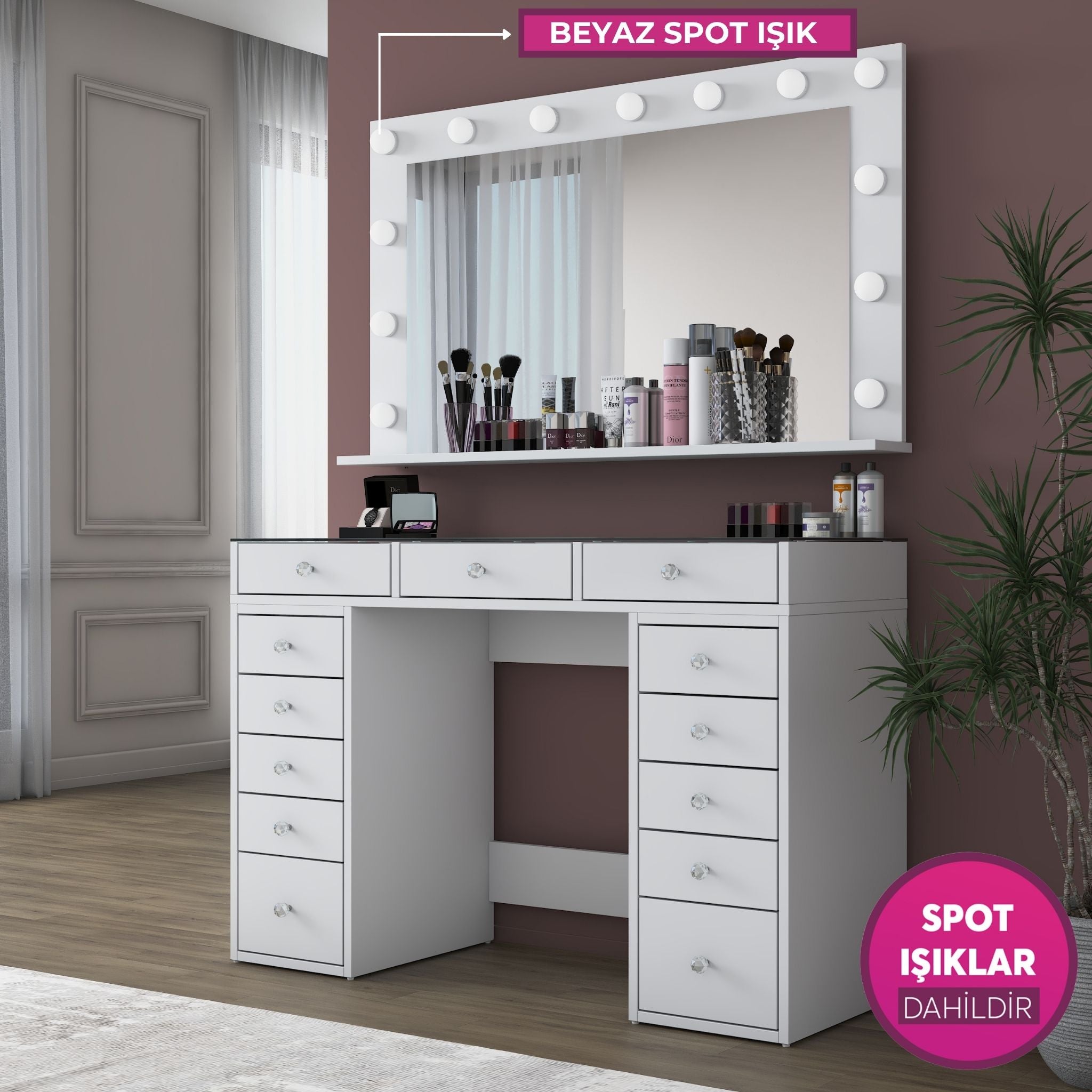 Rani BJ195 Makyaj Masası 13 Çekmeceli Cam Tablalı Takı Düzenleyici Beyaz