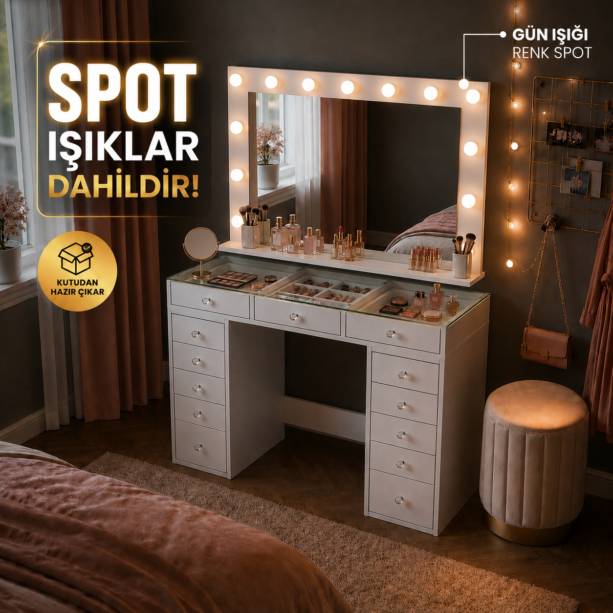 Rani BJ197 Makyaj Masası 13 Çekmeceli Cam Tablalı Takı Düzenleyici Günışığı