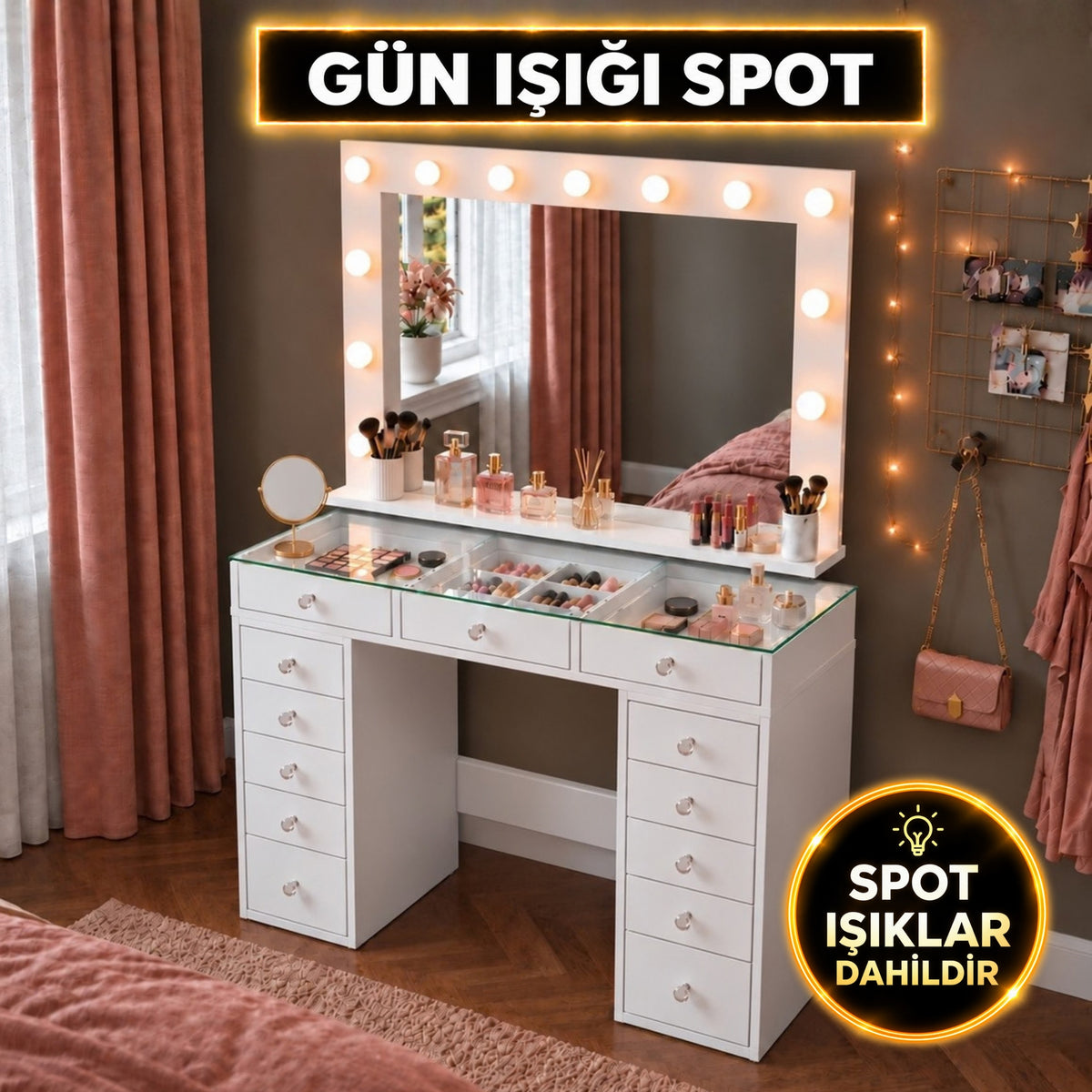 Rani BJ197 Makyaj Masası 13 Çekmeceli Cam Tablalı Takı Düzenleyici Günışığı