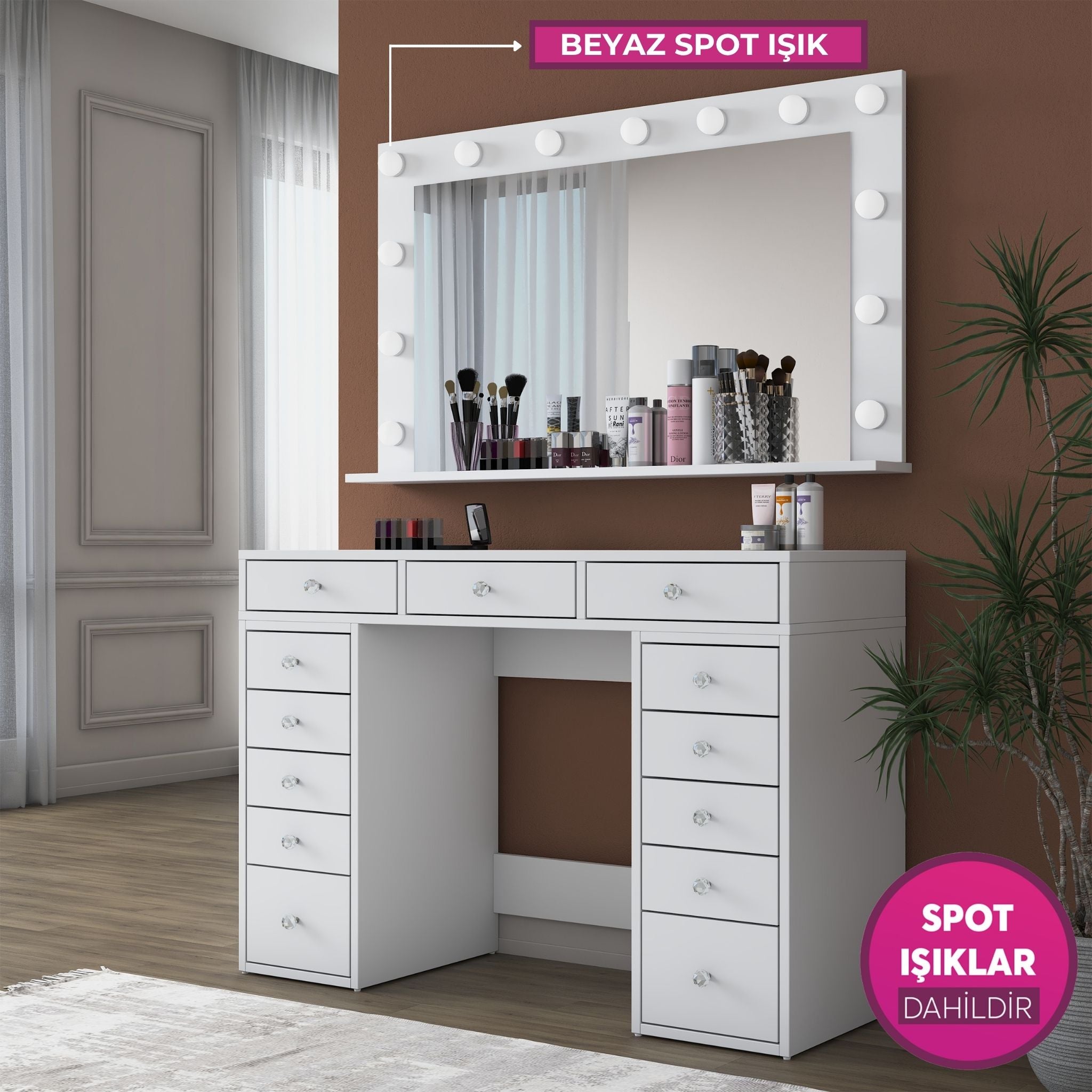 Rani BJ196 Makyaj Masası 13 Çekmeceli Takı Düzenleyici Beyaz