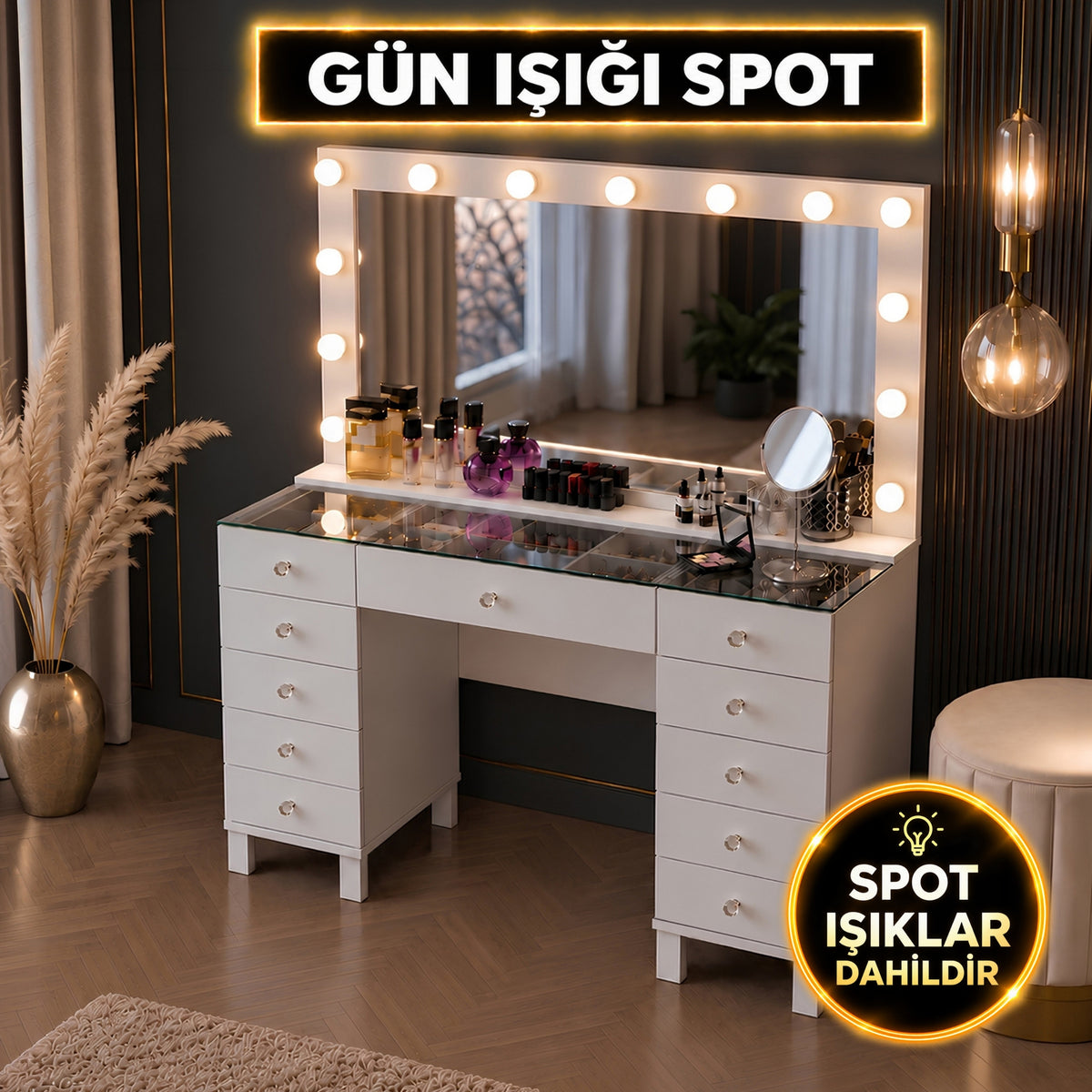 Rani BJ199 Hollywood Işıklı Aynalı Kulis Makyaj Masası Cam Tablalı 11 Çekmeceli Takı Düzenleyici Günışığı