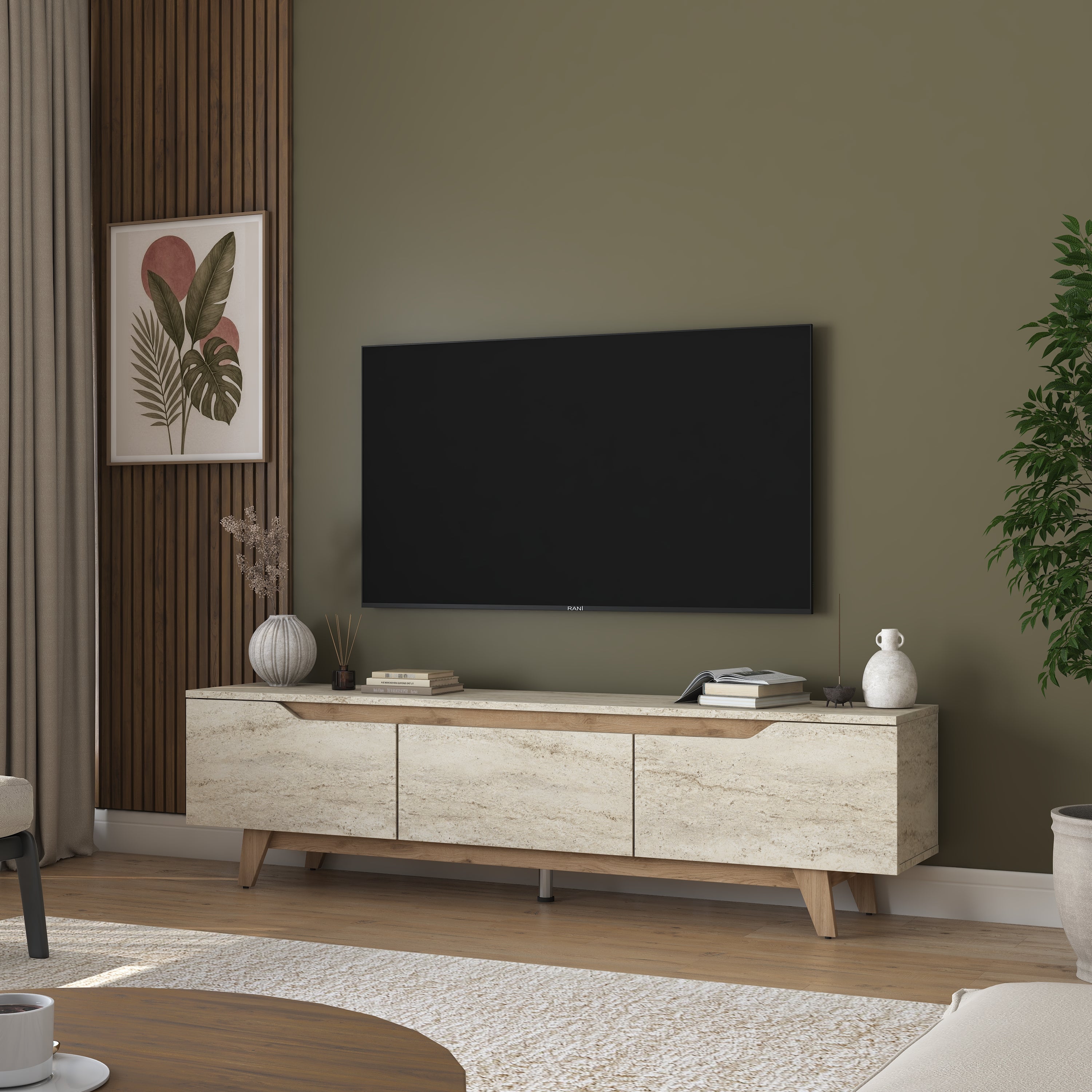 Rani AA168 Tv Ünitesi Modern Ayaklı Tv Sehpası Traverten - Sepet Ceviz