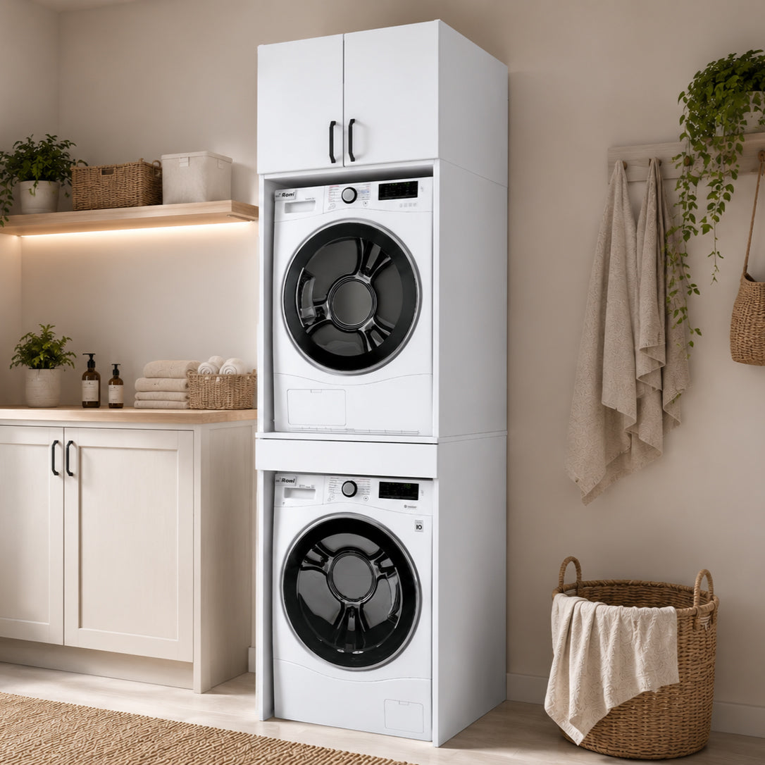 Rani KD116 Çamaşır Ve Kurutma Makinesi Dolabı Çekmeceli Raflı Banyo Dolabı Beyaz