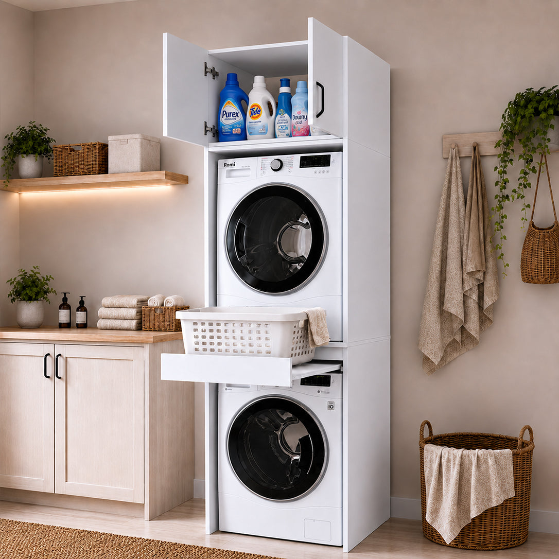 Rani KD116 Çamaşır Ve Kurutma Makinesi Dolabı Çekmeceli Raflı Banyo Dolabı Beyaz