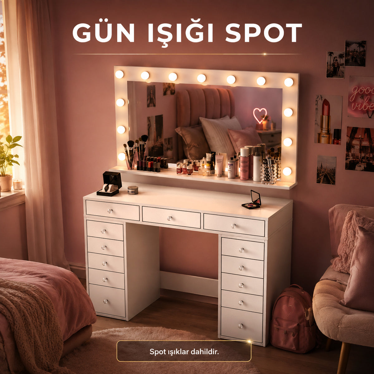 Rani BJ198 Makyaj Masası 13 Çekmeceli Takı Düzenleyici Günışığı