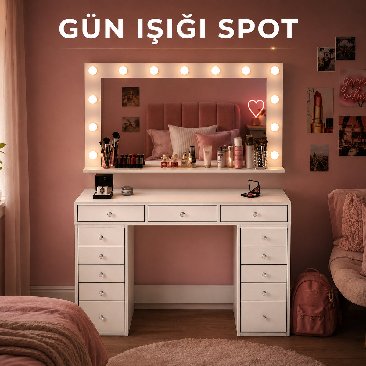 Rani BJ198 Makyaj Masası 13 Çekmeceli Takı Düzenleyici Günışığı