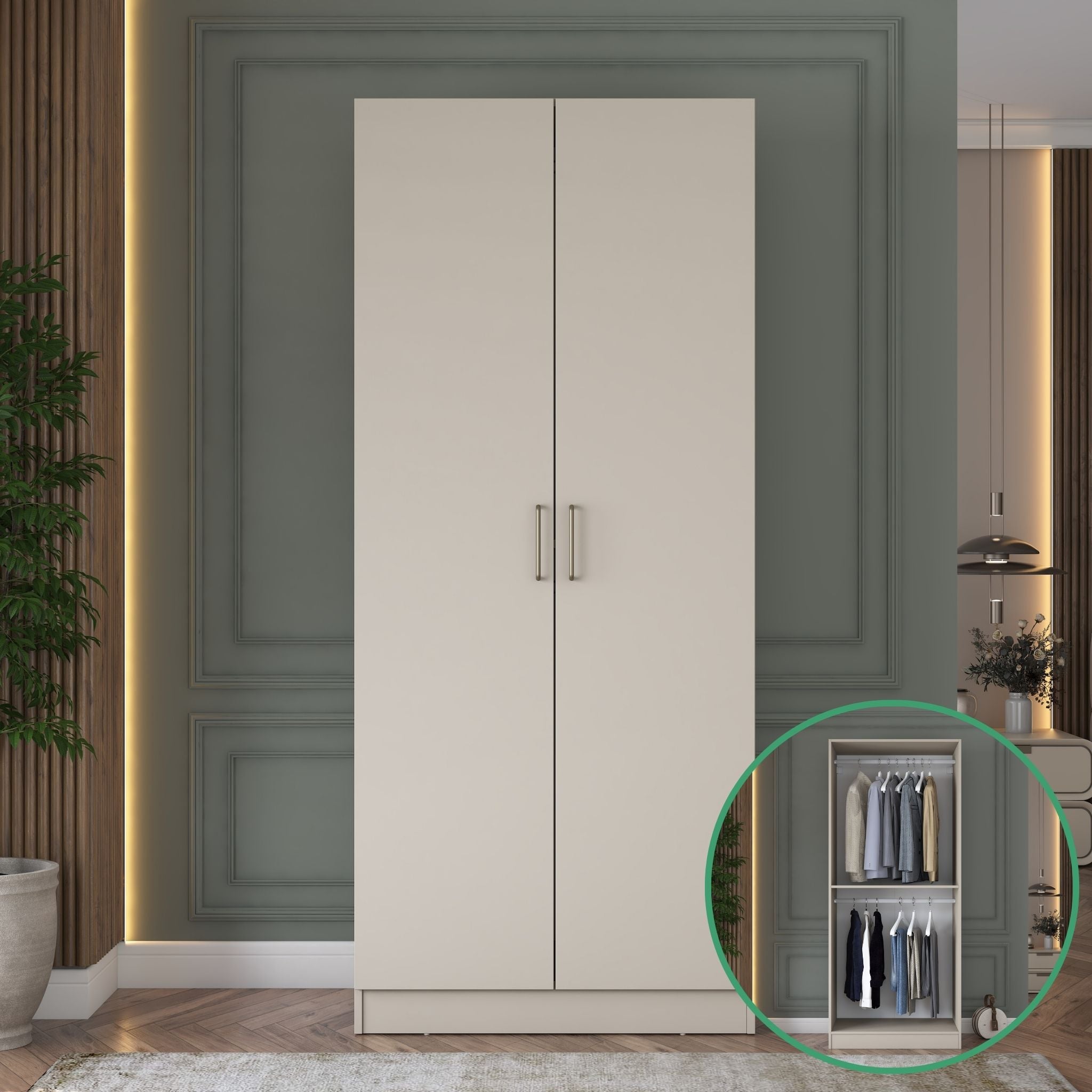 Rani BA234 Gardırop 2 Kapaklı Raflı Askılı Elbise Dolabı Kumtaşı