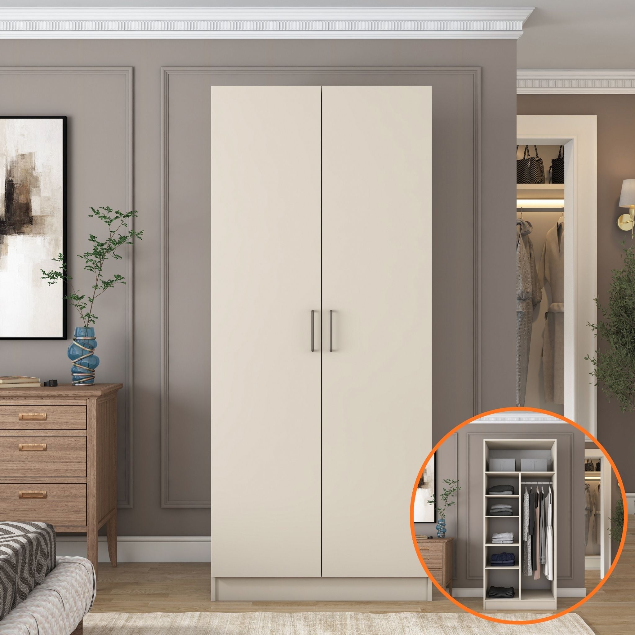 Rani BA240 Gardırop 2 Kapaklı 5 Raflı Askılı Elbise Dolabı Kumtaşı