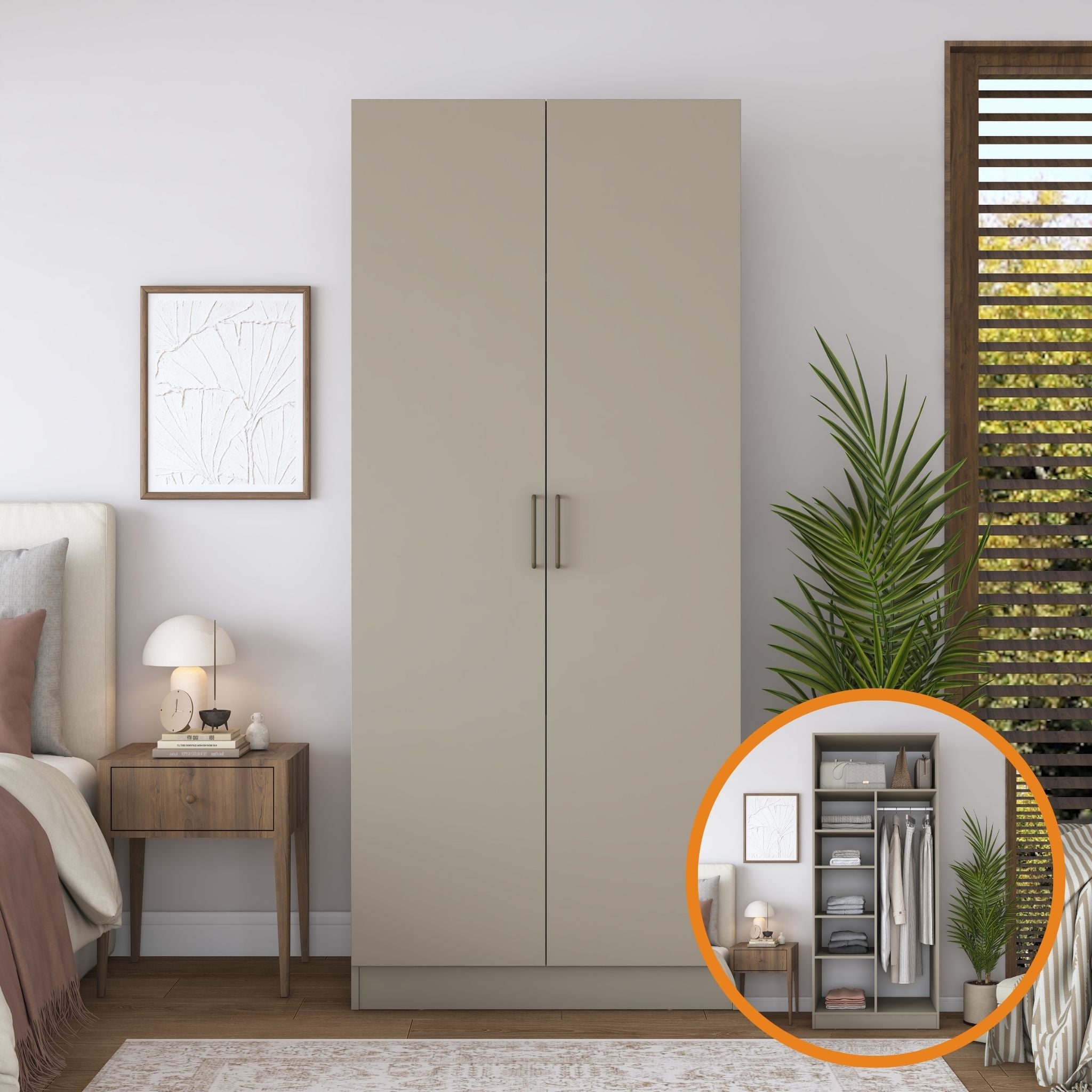 Rani BA240 Gardırop 2 Kapaklı 5 Raflı Askılı Elbise Dolabı Kumtaşı