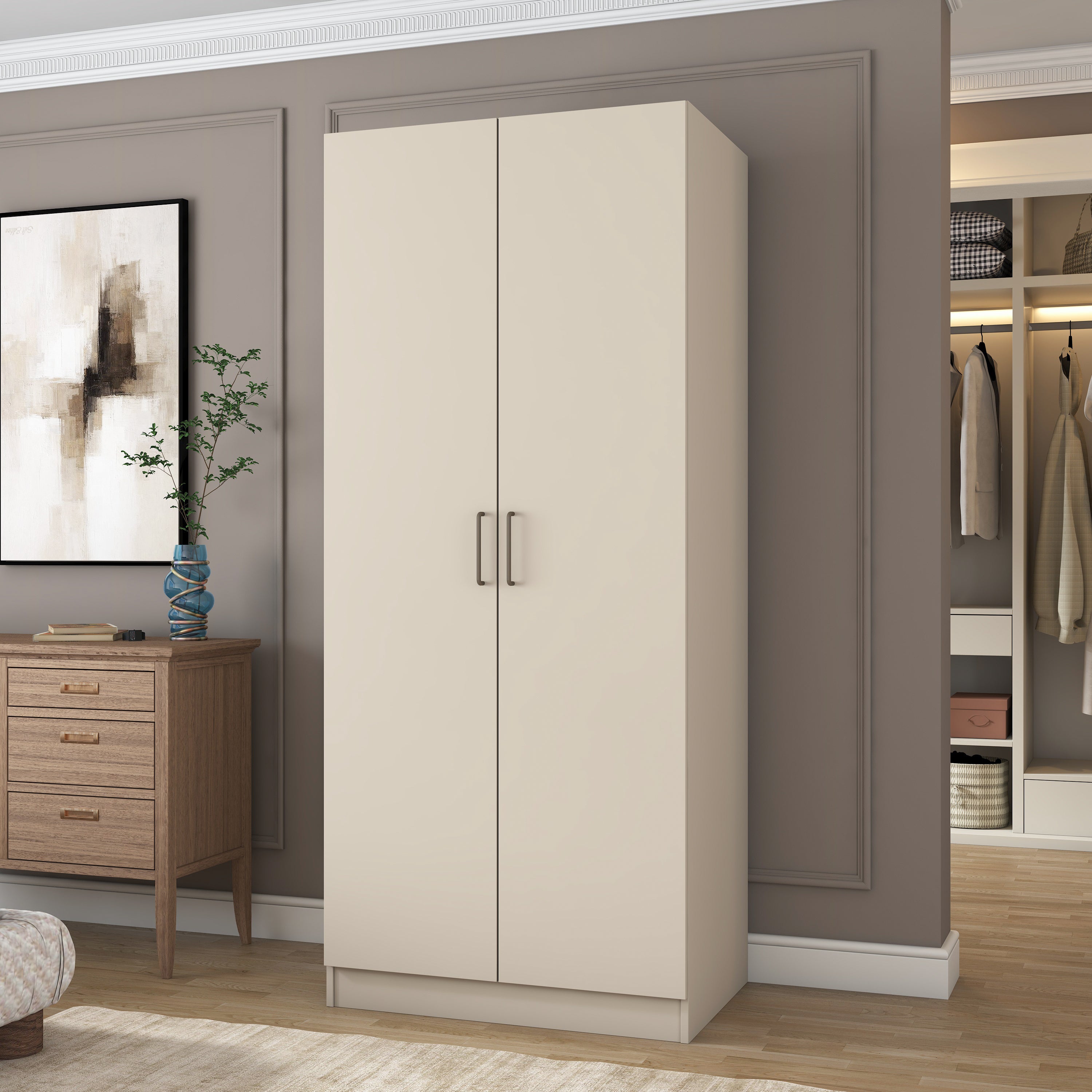 Rani BA240 Gardırop 2 Kapaklı 5 Raflı Askılı Elbise Dolabı Kumtaşı