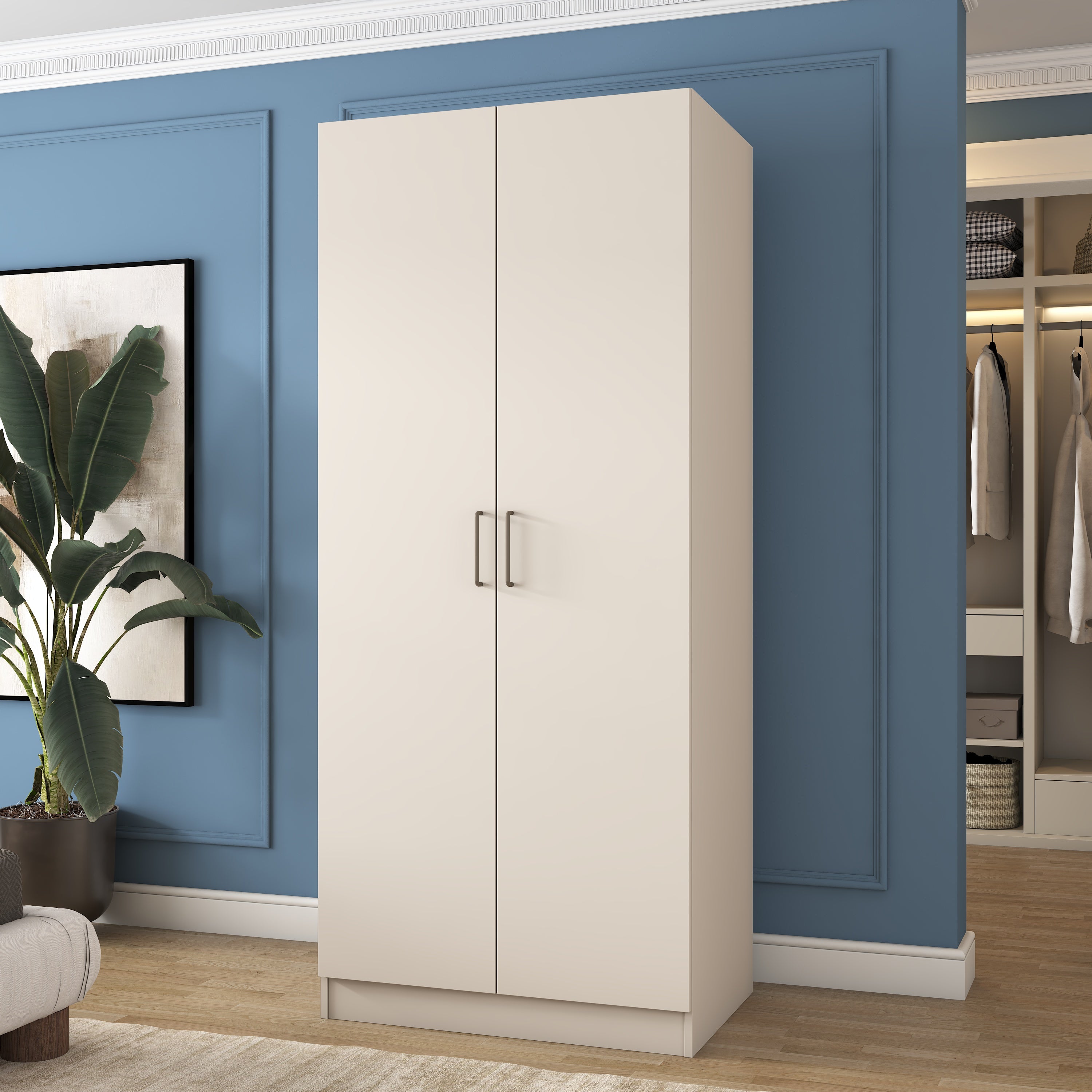 Rani BA241 Gardırop 2 Kapaklı 6 Raflı 2 Askılı Elbise Dolabı Kumtaşı
