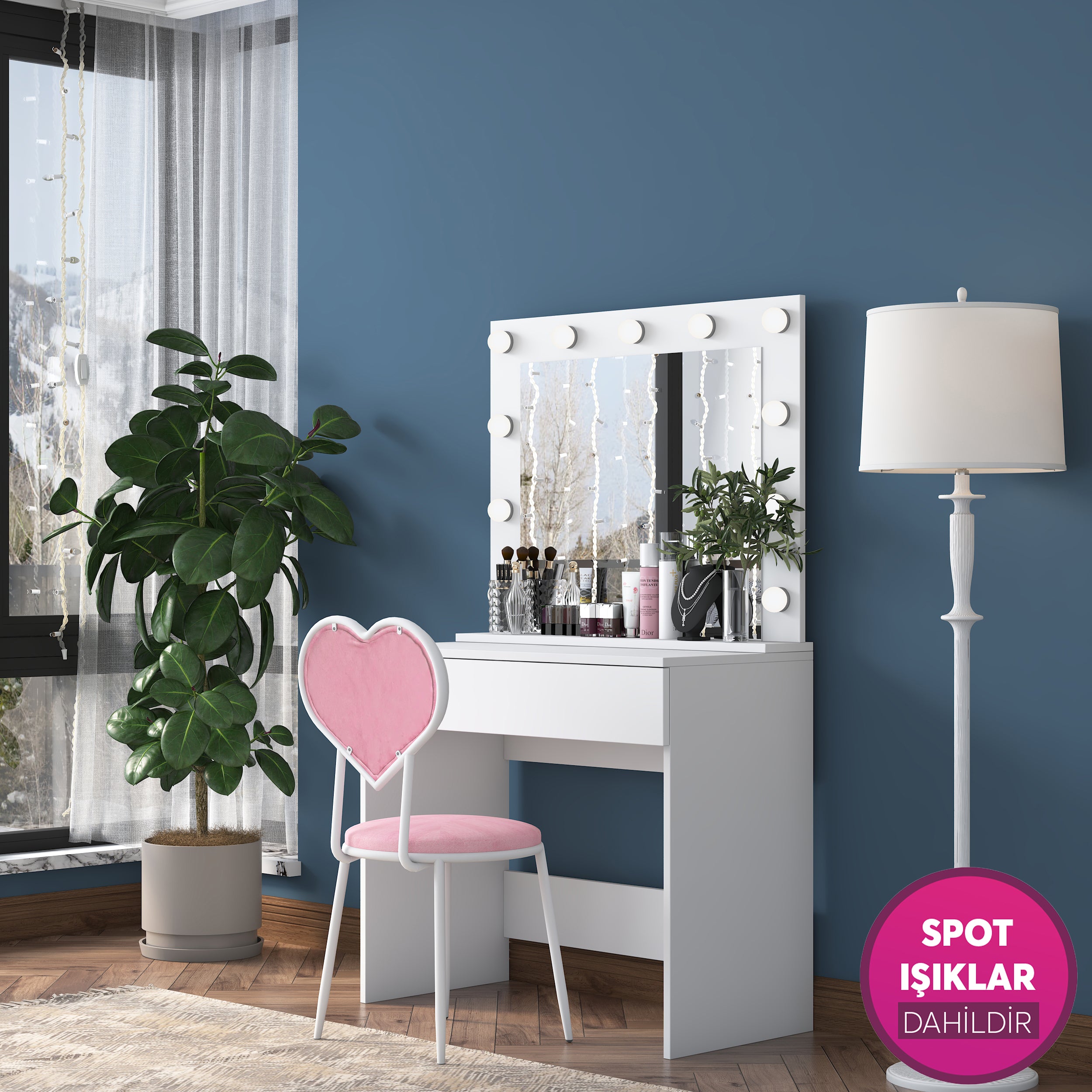 Rani BJ182 Hollywood Işıklı Aynalı Makyaj Masası Kalpli Sandalye Takım Beyaz