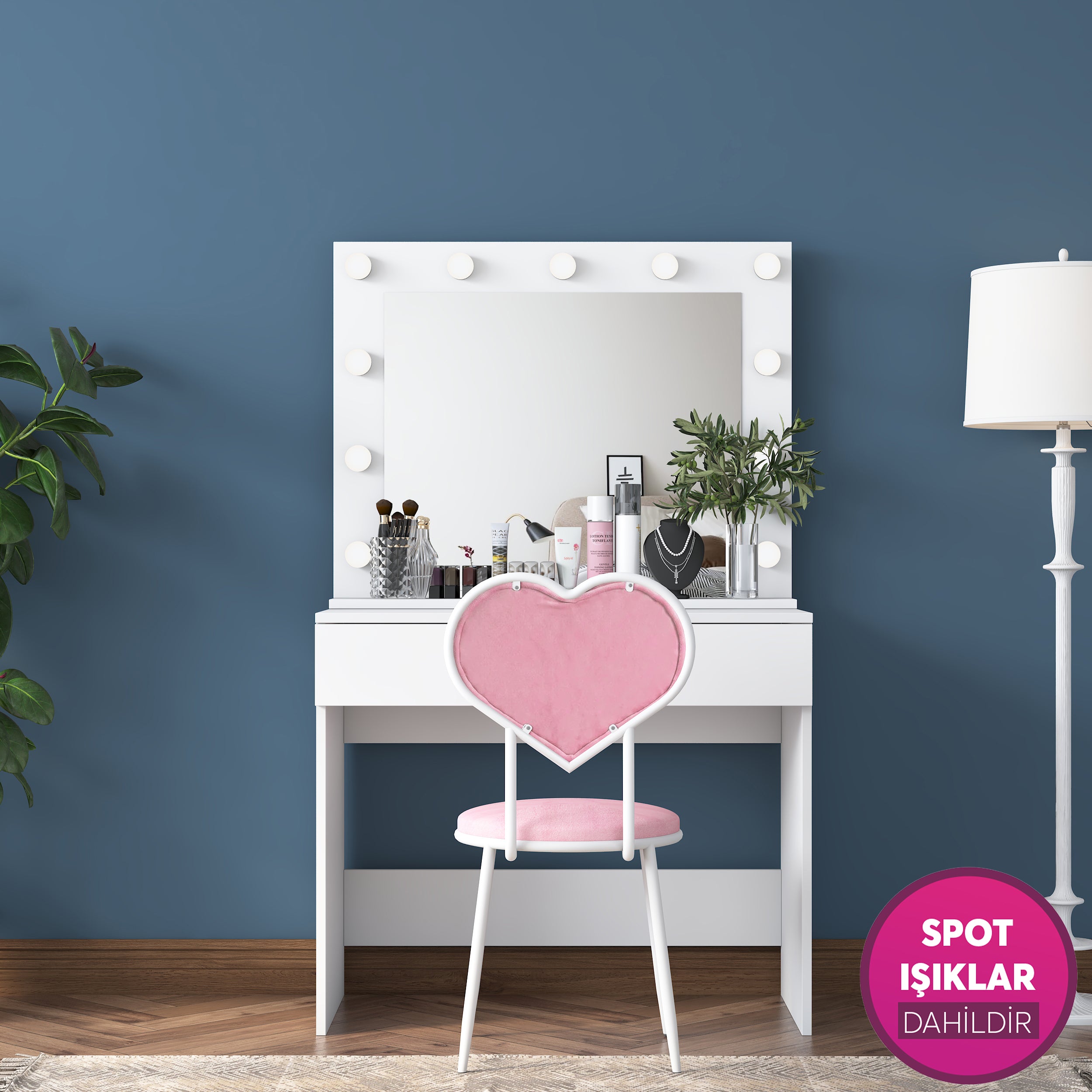 Rani BJ182 Hollywood Işıklı Aynalı Makyaj Masası Kalpli Sandalye Takım Beyaz