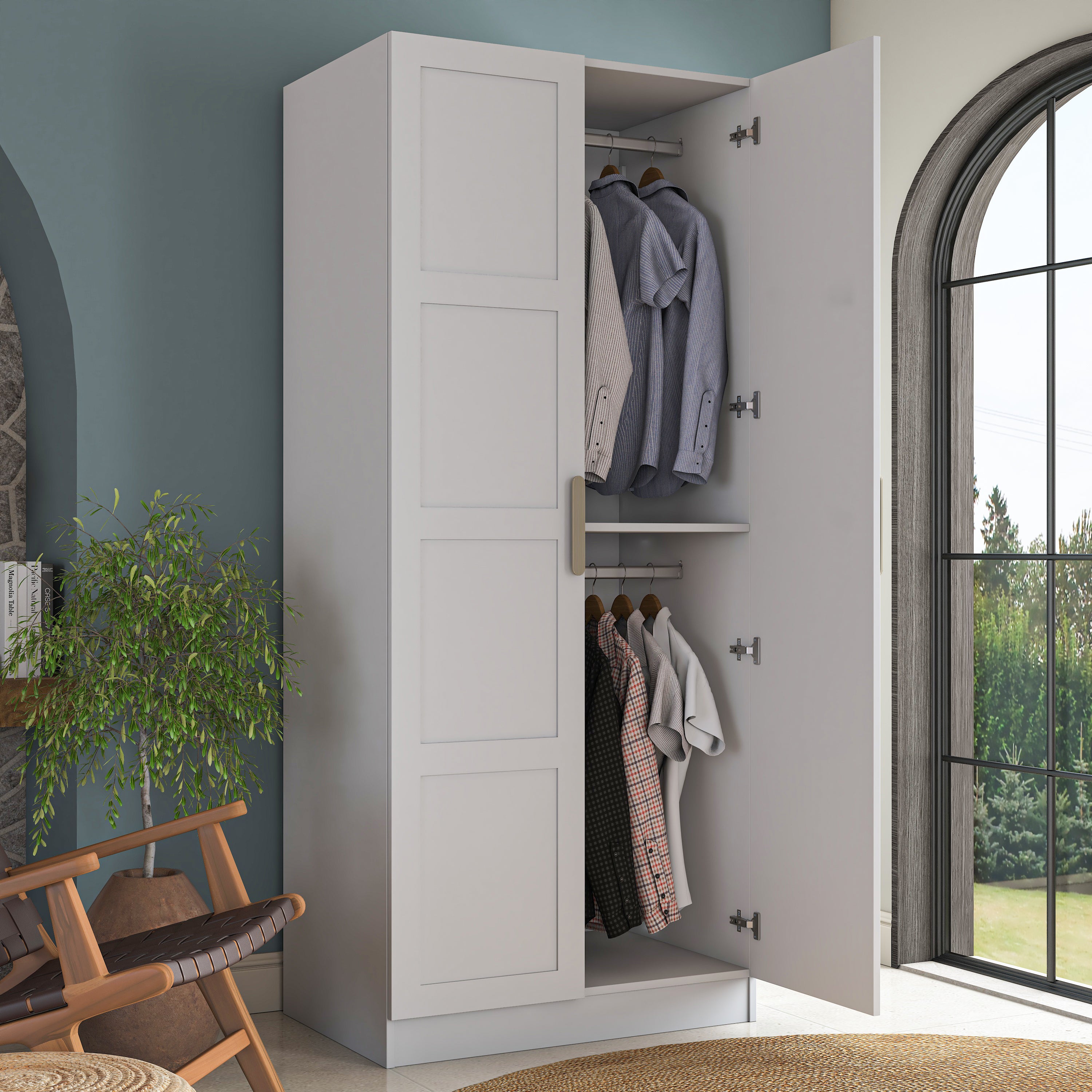 Rani BA227 Membran Kapaklı Gardırop 2 Raflı 2 Kapaklı Askılı Elbise Dolabı Beyaz