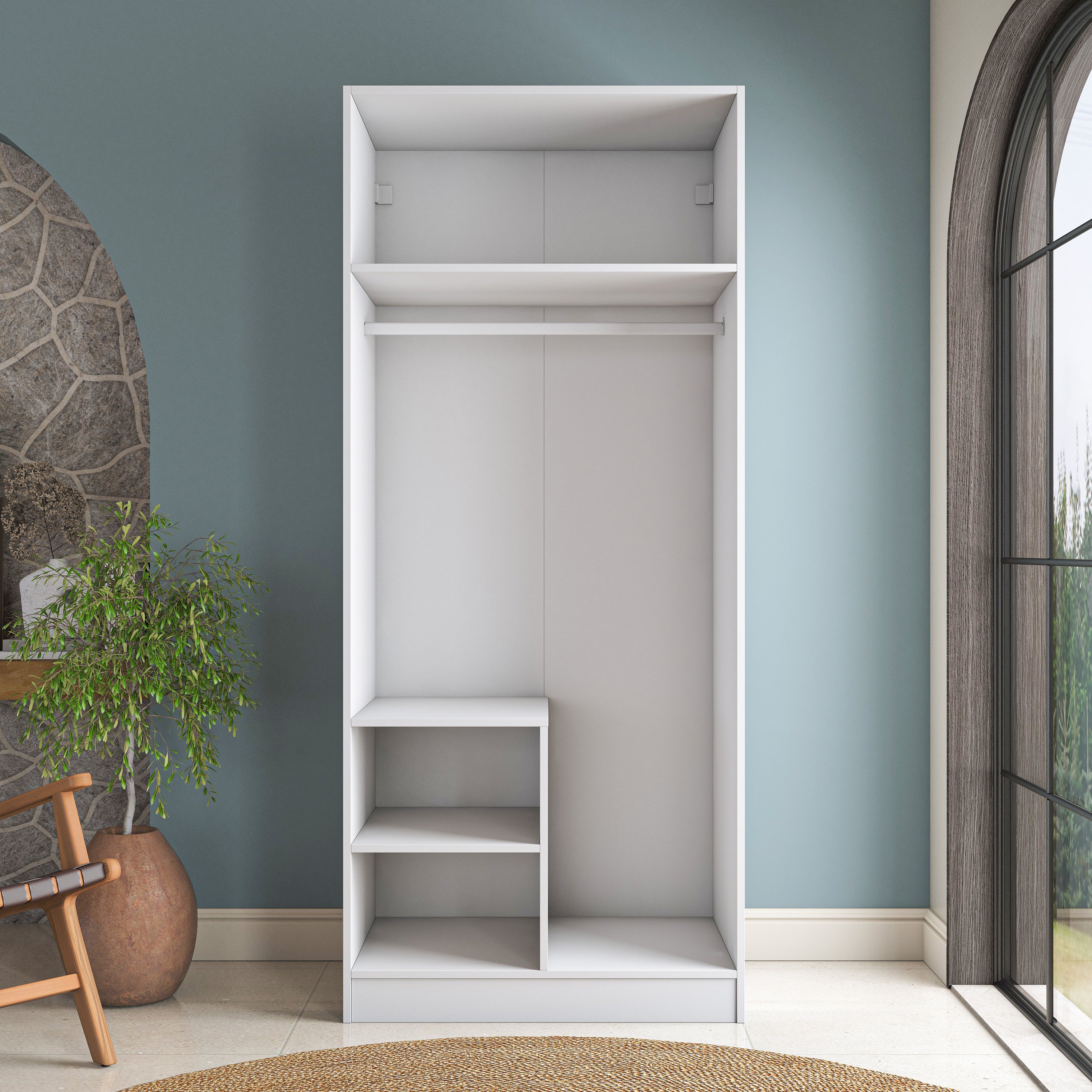 Rani BA227 Membran Kapaklı Gardırop 2 Raflı 2 Kapaklı Askılı Elbise Dolabı Beyaz