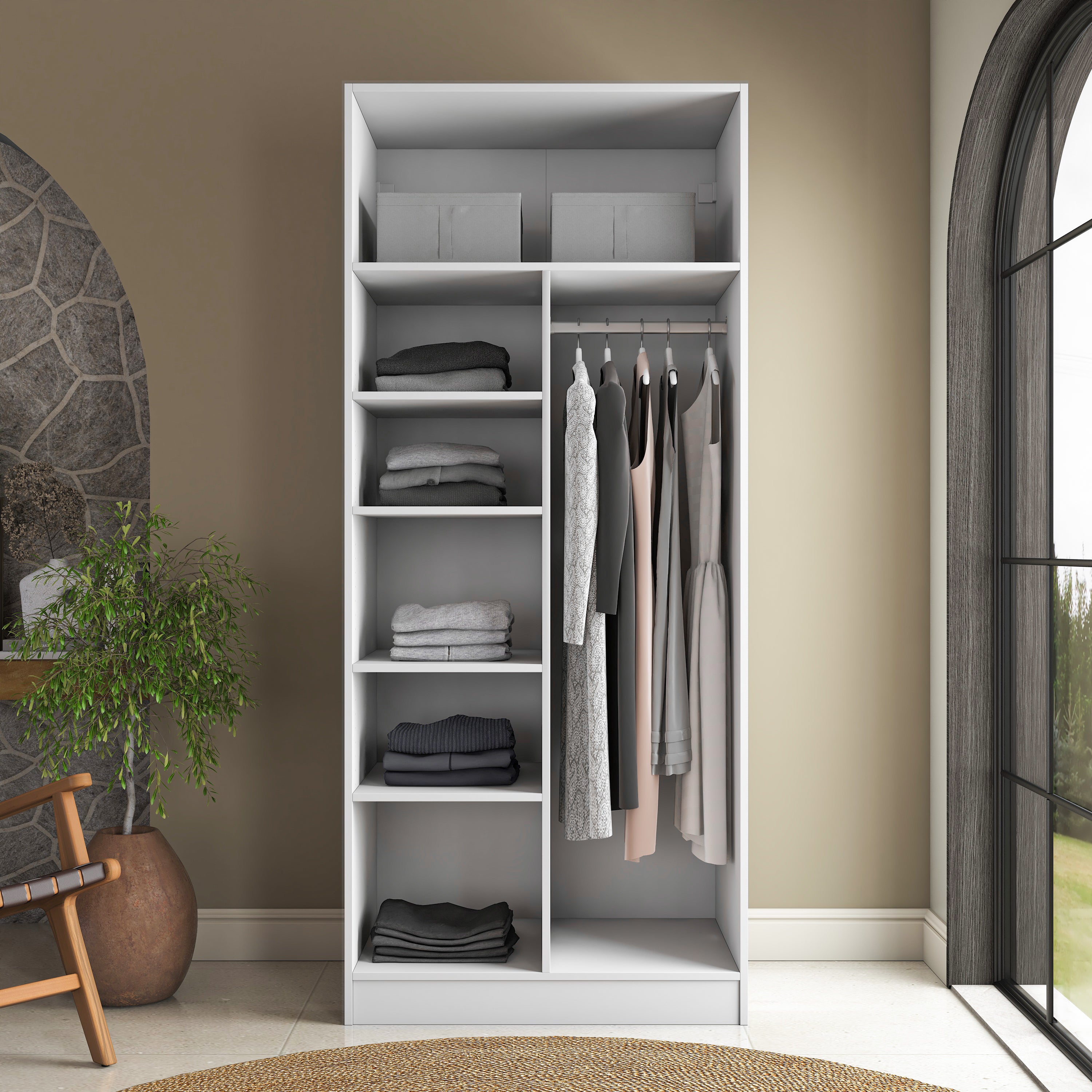 Rani BA224 Membran Kapaklı Gardırop 5 Raflı 2 Kapaklı Askılı Elbise Dolabı Beyaz