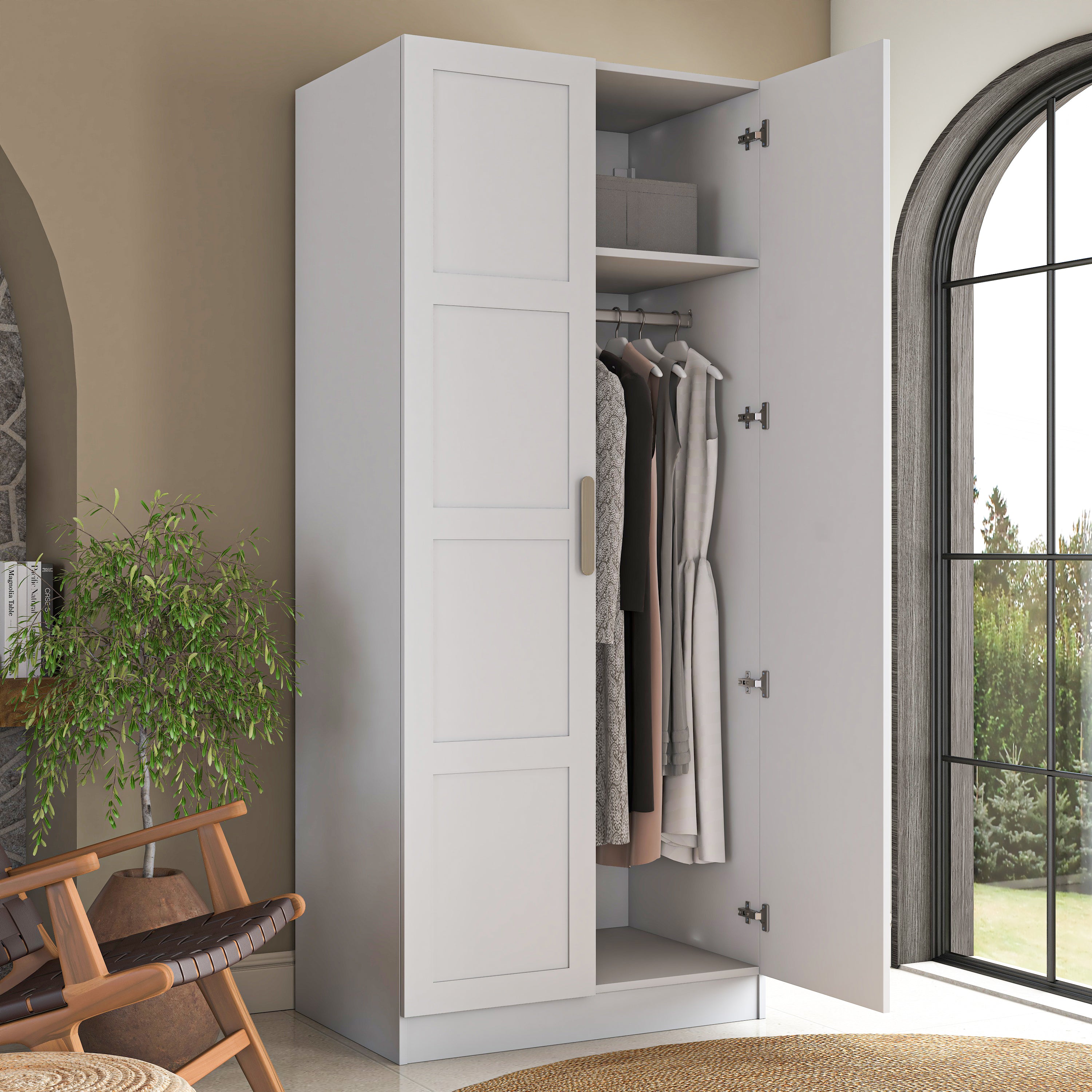 Rani BA224 Membran Kapaklı Gardırop 5 Raflı 2 Kapaklı Askılı Elbise Dolabı Beyaz