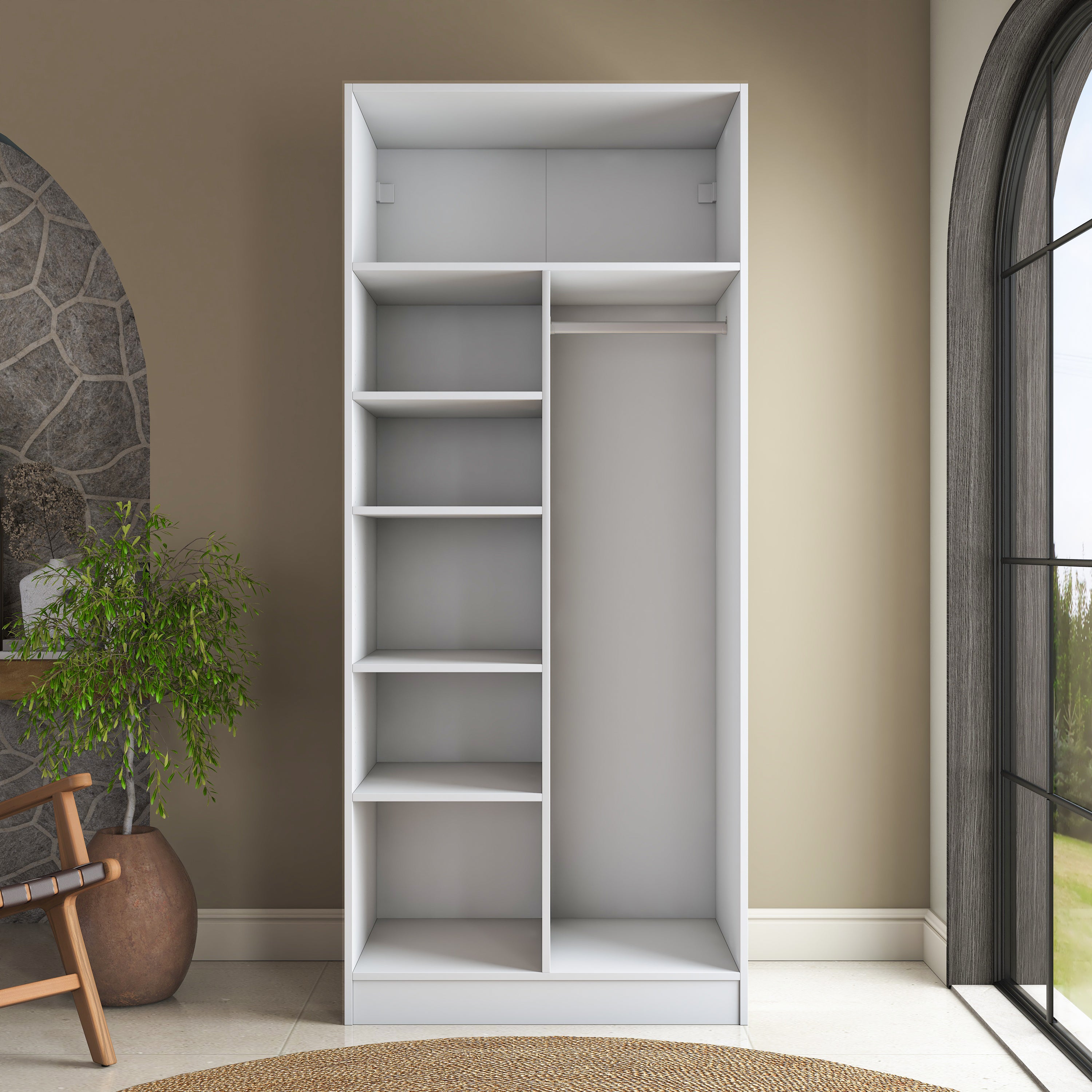 Rani BA224 Membran Kapaklı Gardırop 5 Raflı 2 Kapaklı Askılı Elbise Dolabı Beyaz