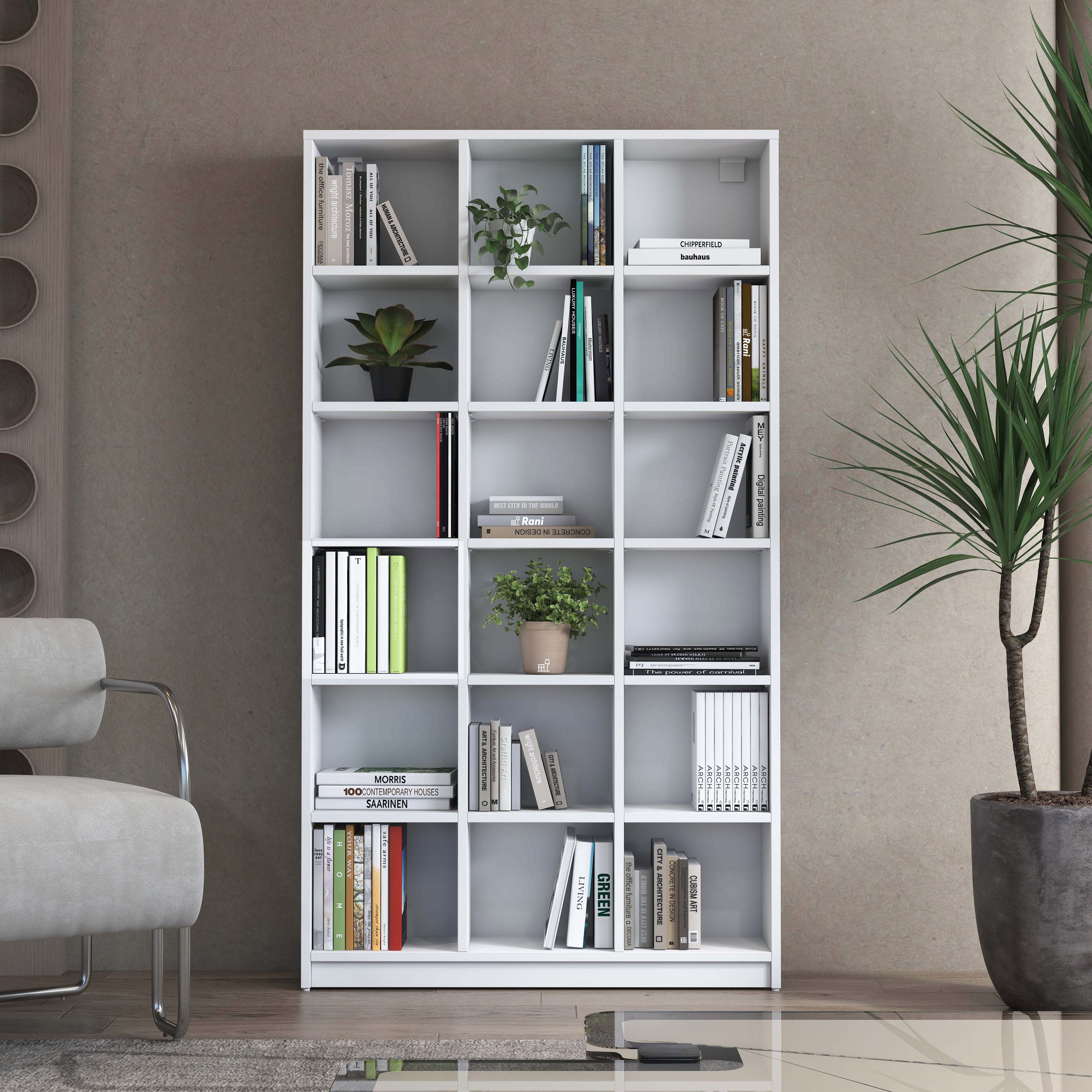 Rani HC123 Kitaplık 15 Raflı Çalışma Odası Kütüphane Modern Duvar Rafı Beyaz