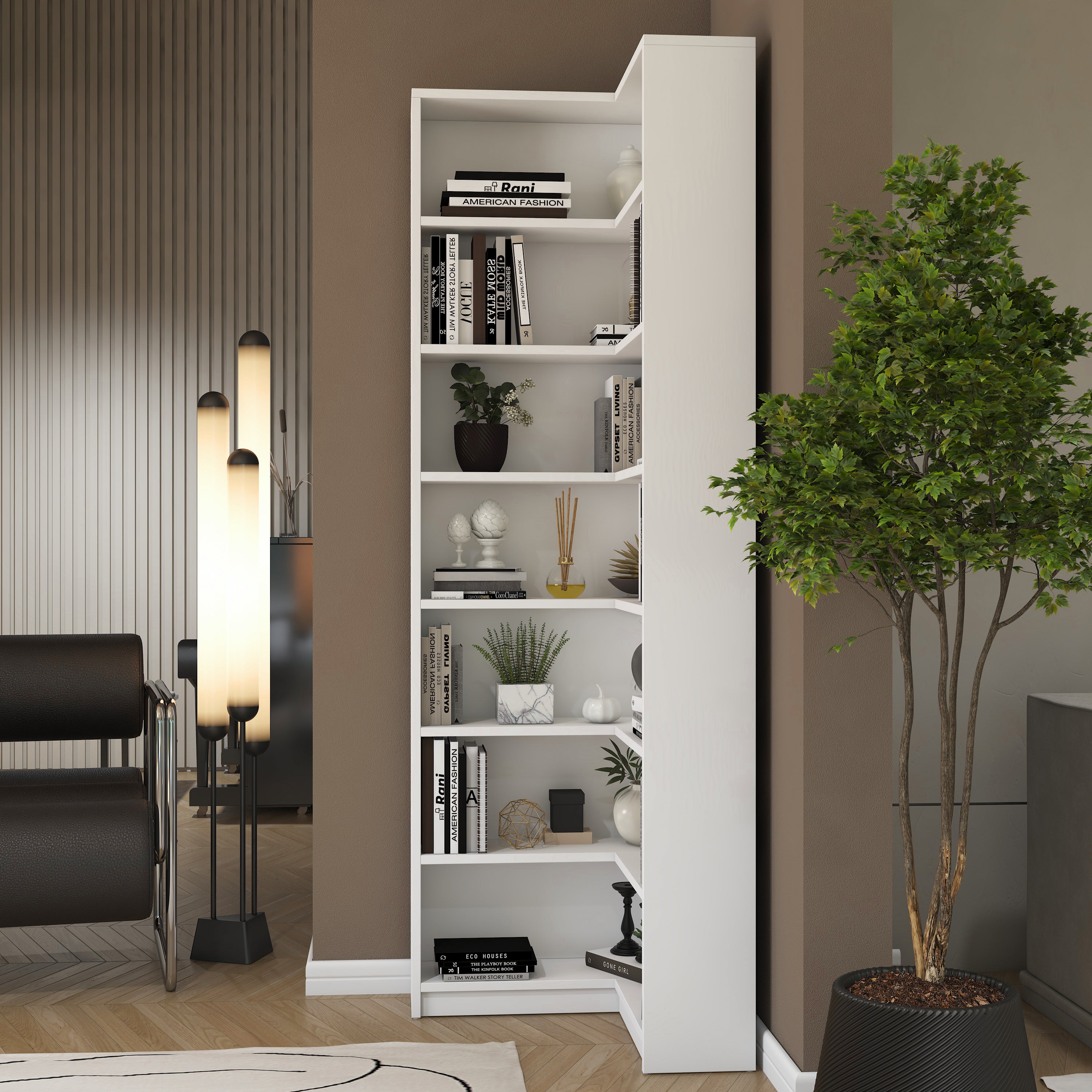 Rani HC129 Kitaplık 6 Raflı Çalışma Odası Kütüphane Modern Duvar Rafı Beyaz