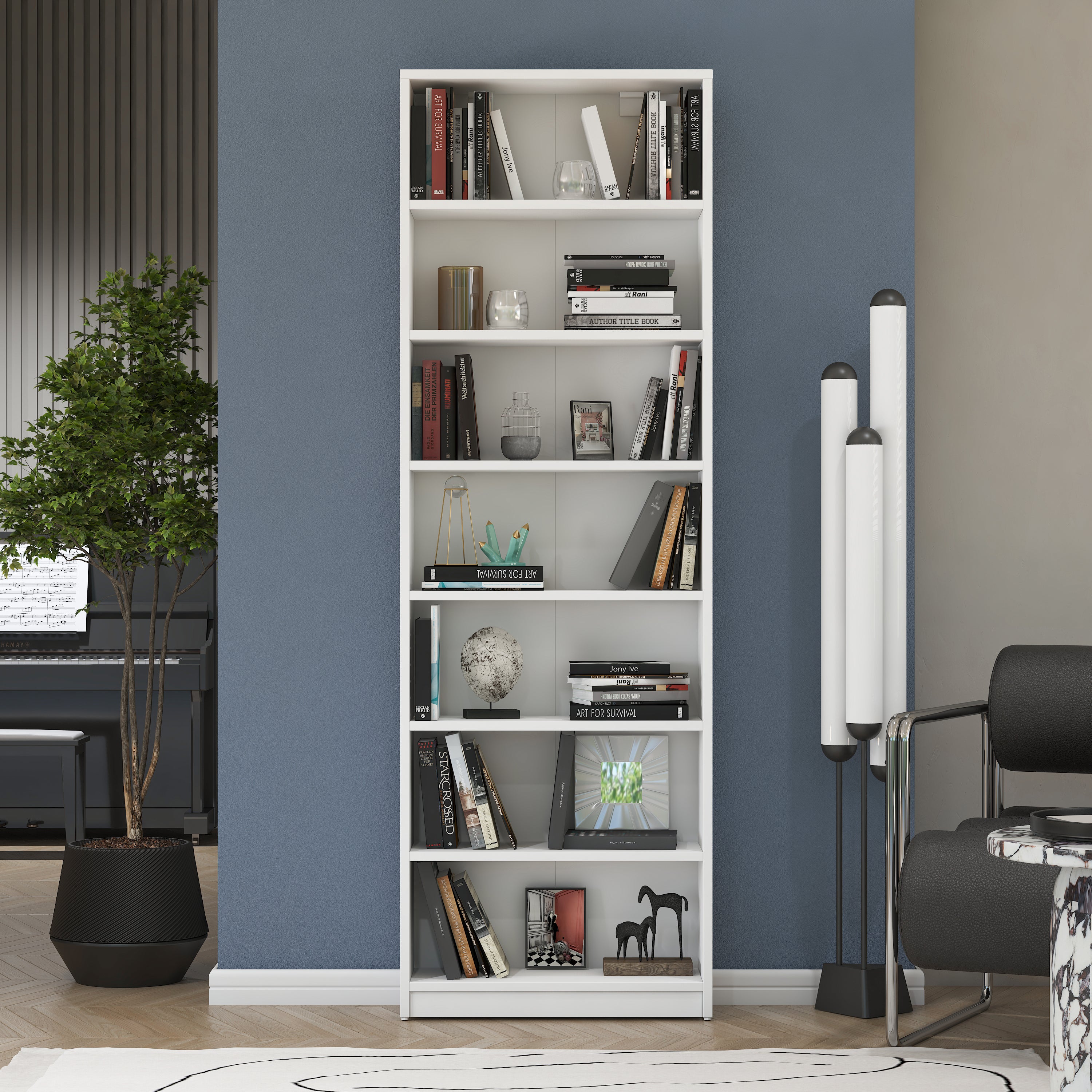Rani HC127 Kitaplık 6 Raflı Çalışma Odası Kütüphane Modern Duvar Rafı Beyaz