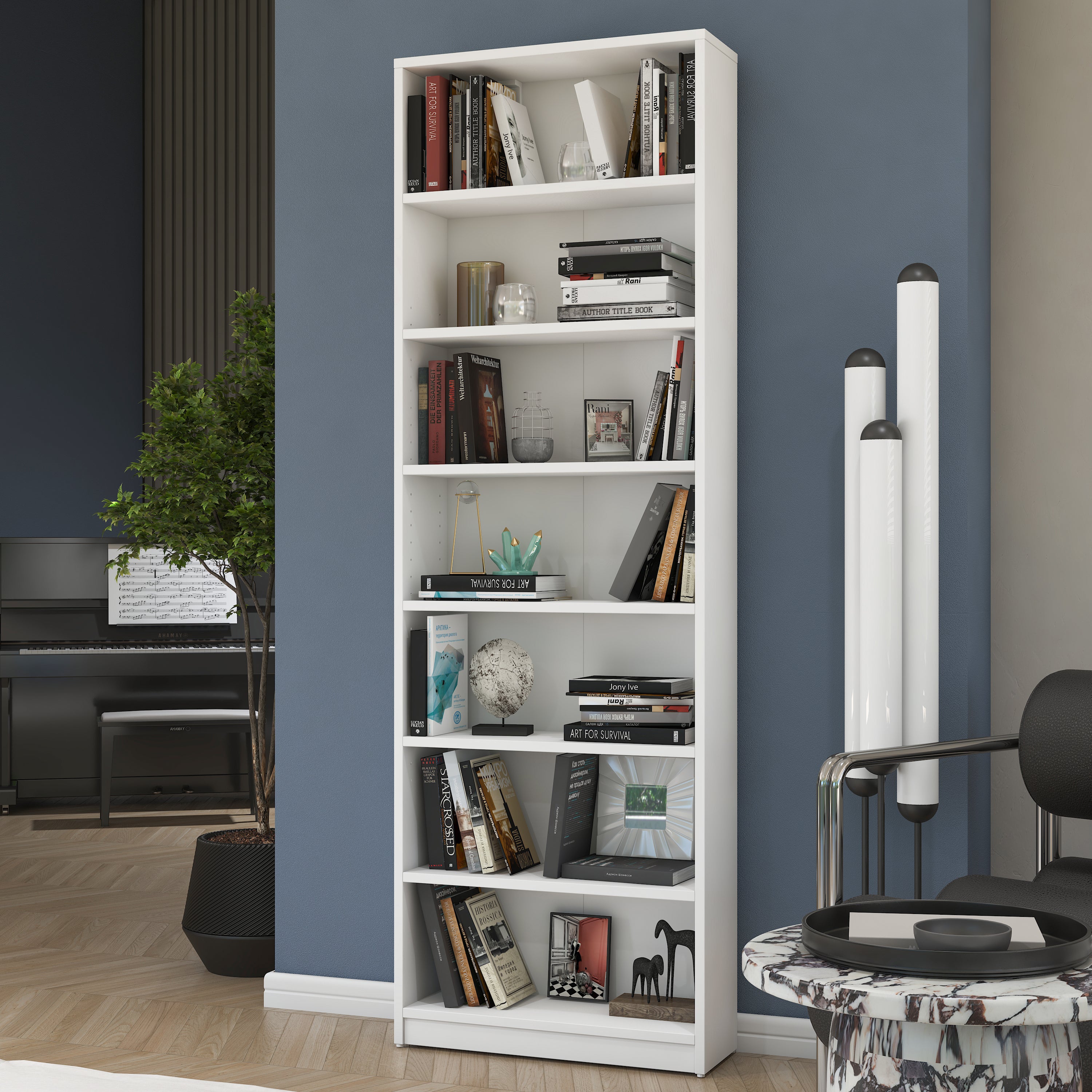 Rani HC127 Kitaplık 6 Raflı Çalışma Odası Kütüphane Modern Duvar Rafı Beyaz