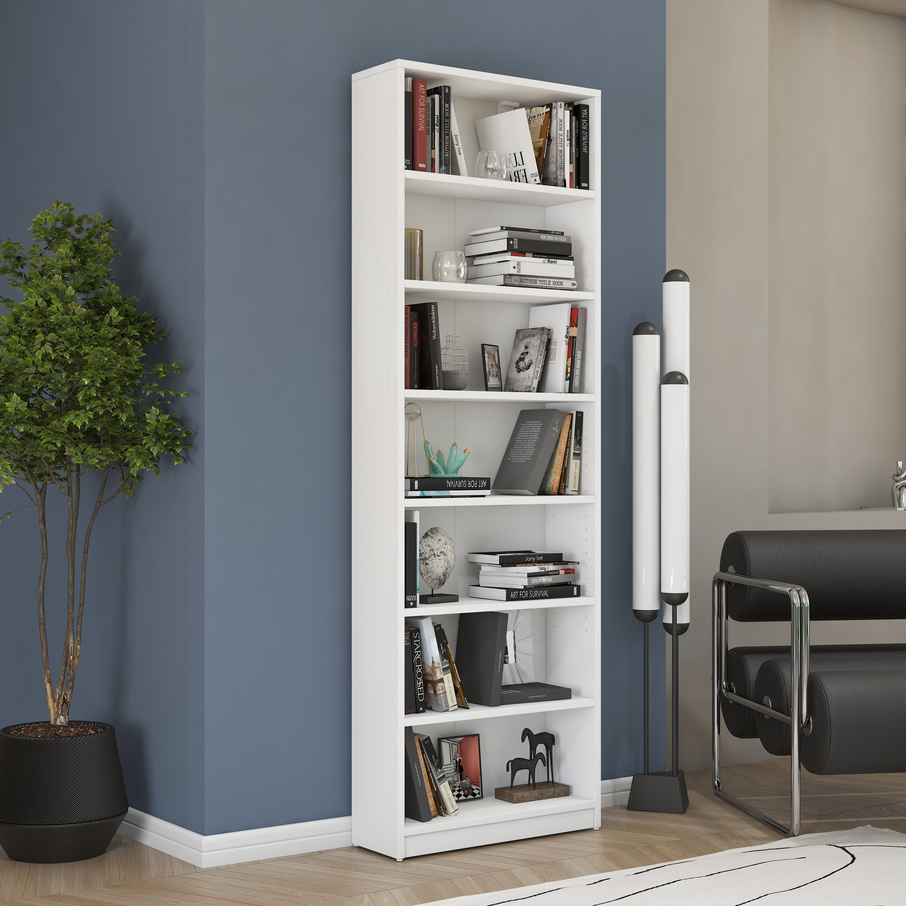 Rani HC127 Kitaplık 6 Raflı Çalışma Odası Kütüphane Modern Duvar Rafı Beyaz