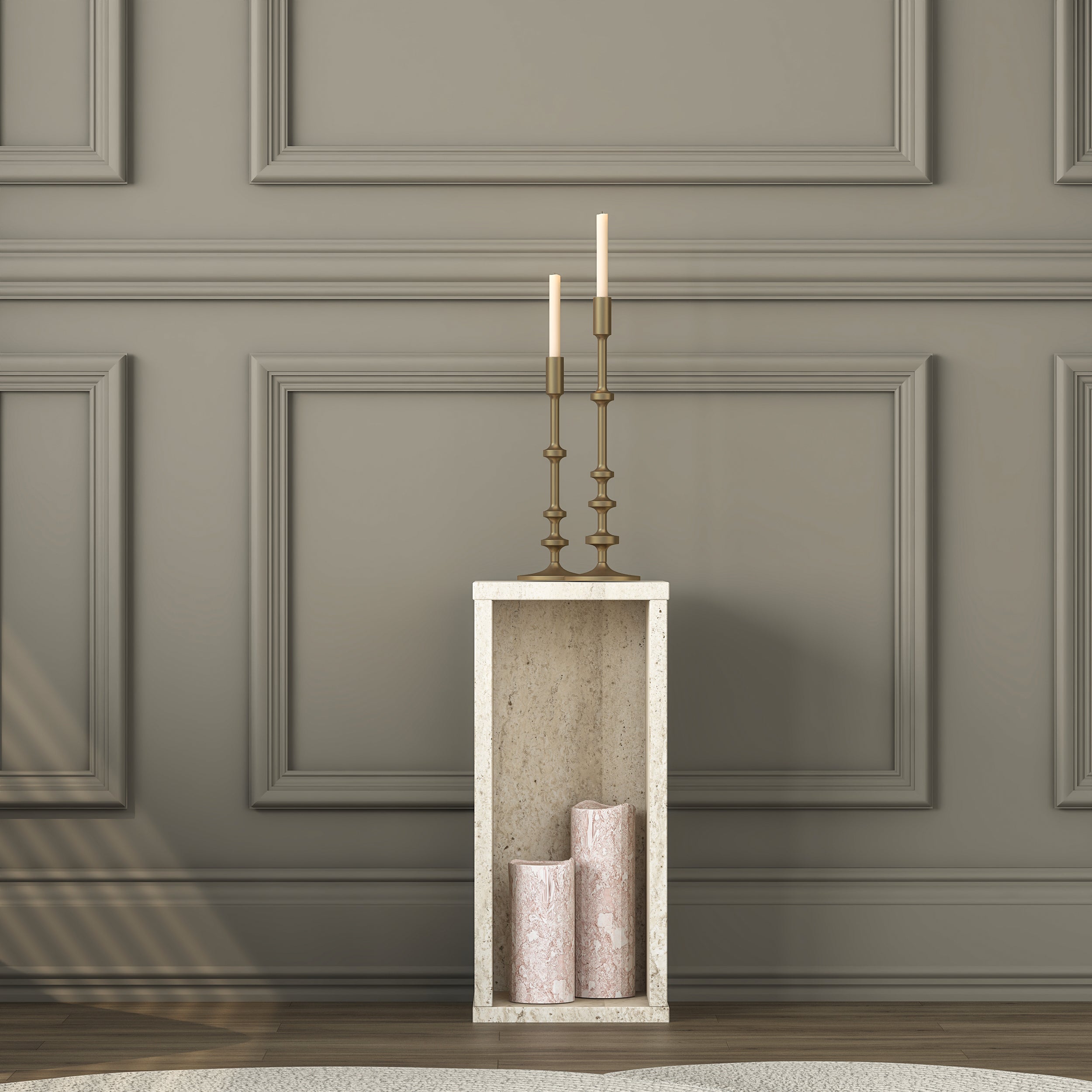 Rani AD105 Modern Gizli Bölmeli Sütun Yan Sehpa Traverten