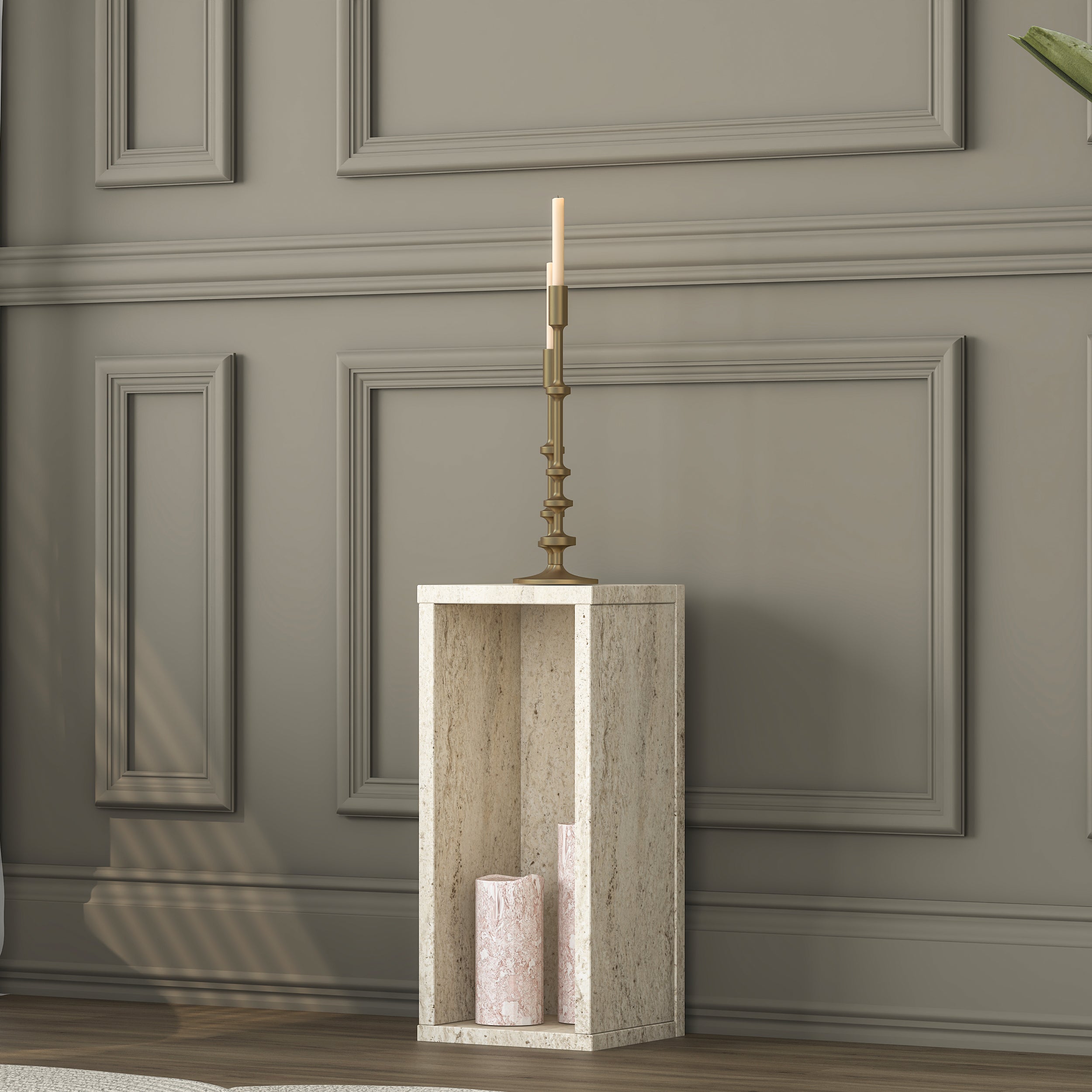 Rani AD105 Modern Gizli Bölmeli Sütun Yan Sehpa Traverten