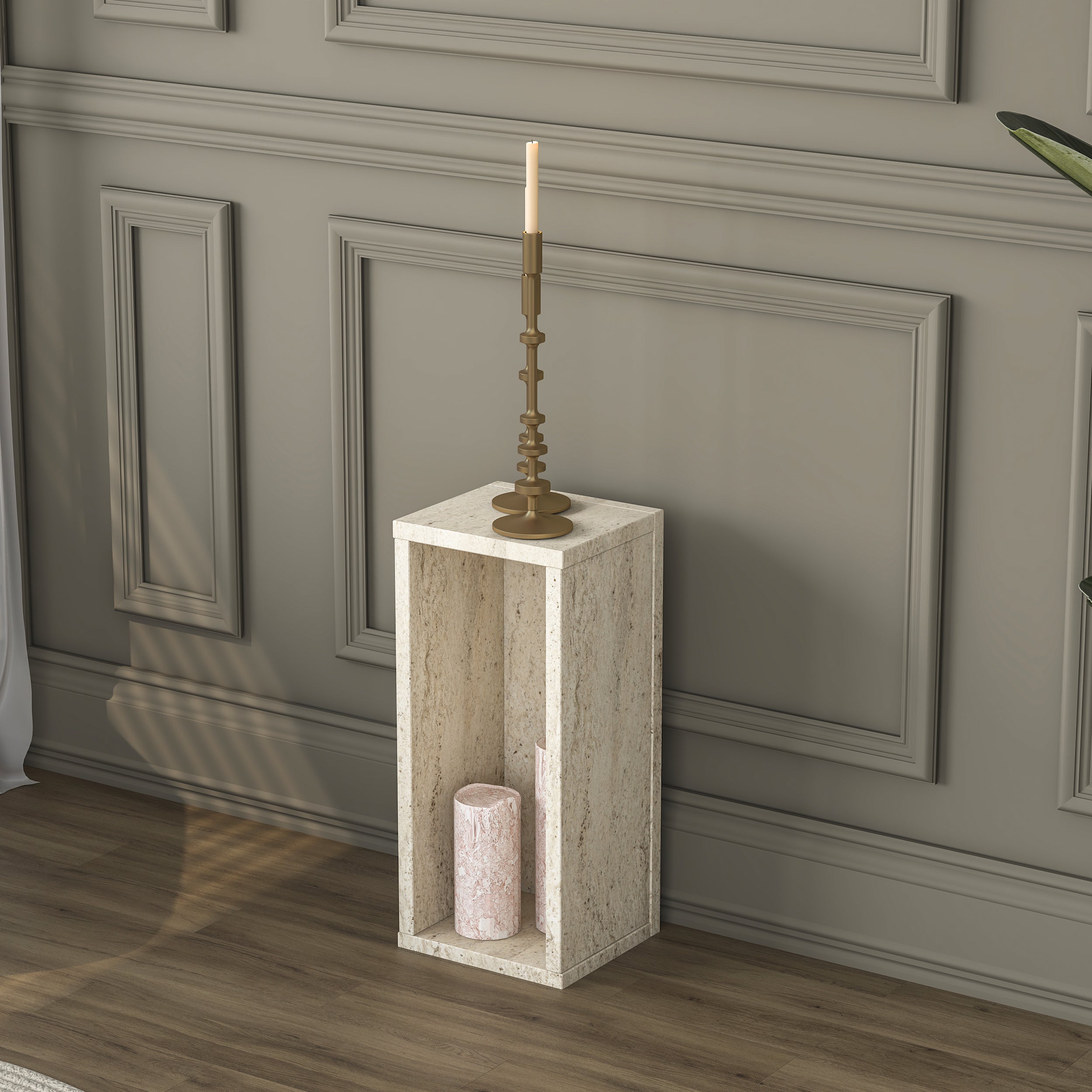 Rani AD105 Modern Gizli Bölmeli Sütun Yan Sehpa Traverten