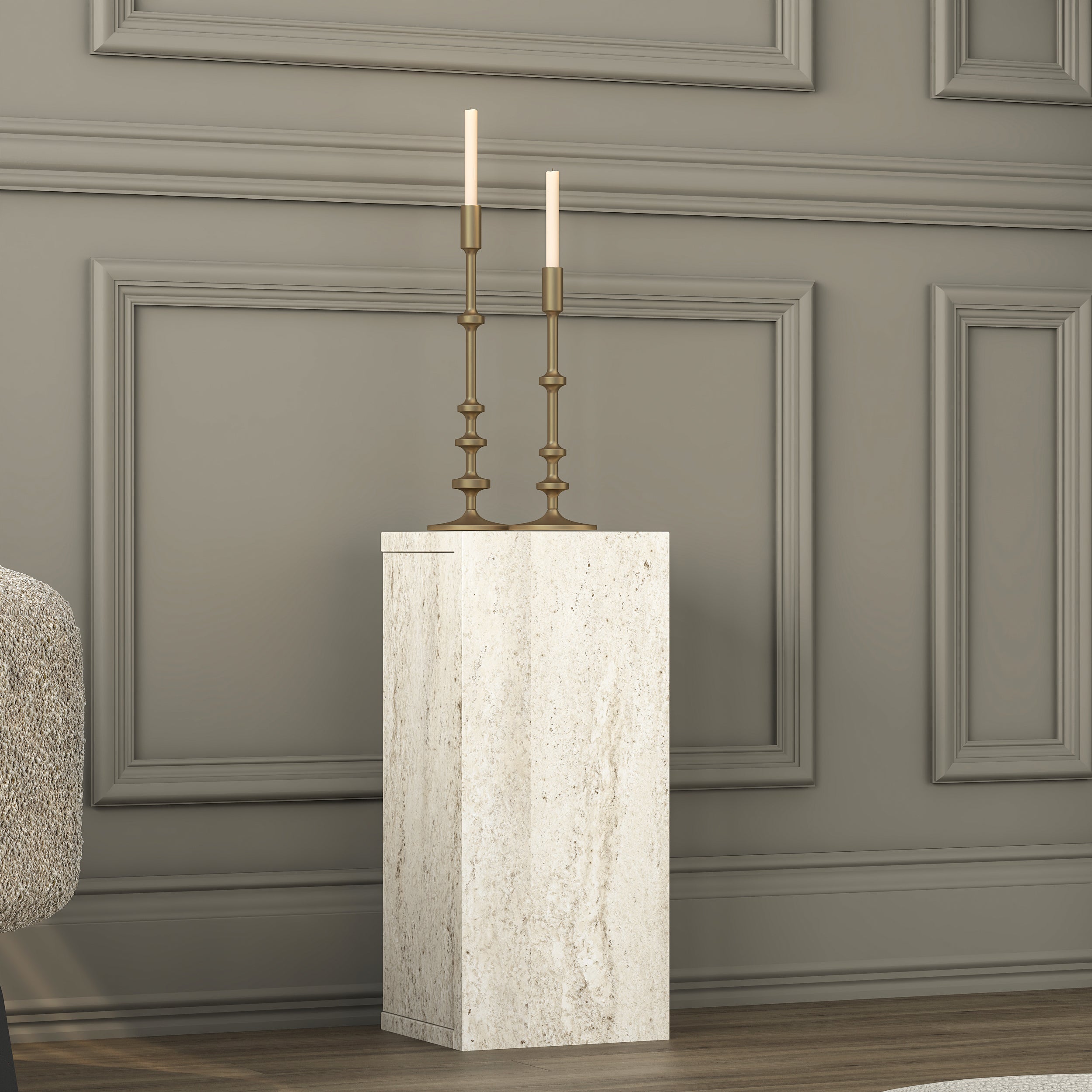 Rani AD105 Modern Gizli Bölmeli Sütun Yan Sehpa Traverten