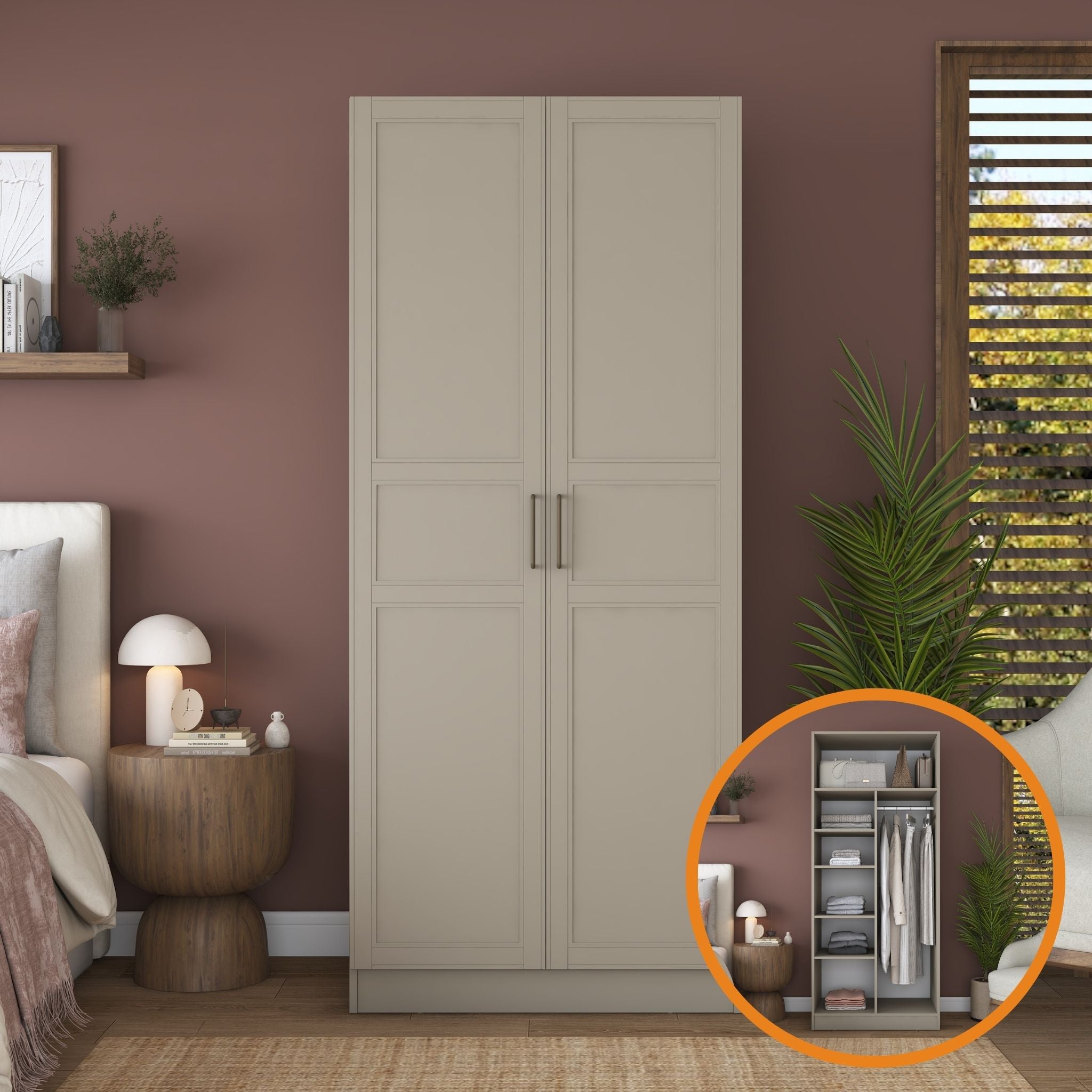 Rani BA257 Membran Kapaklı Gardırop 2 Kapaklı 5 Raflı Askılı Elbise Dolabı Kumtaşı