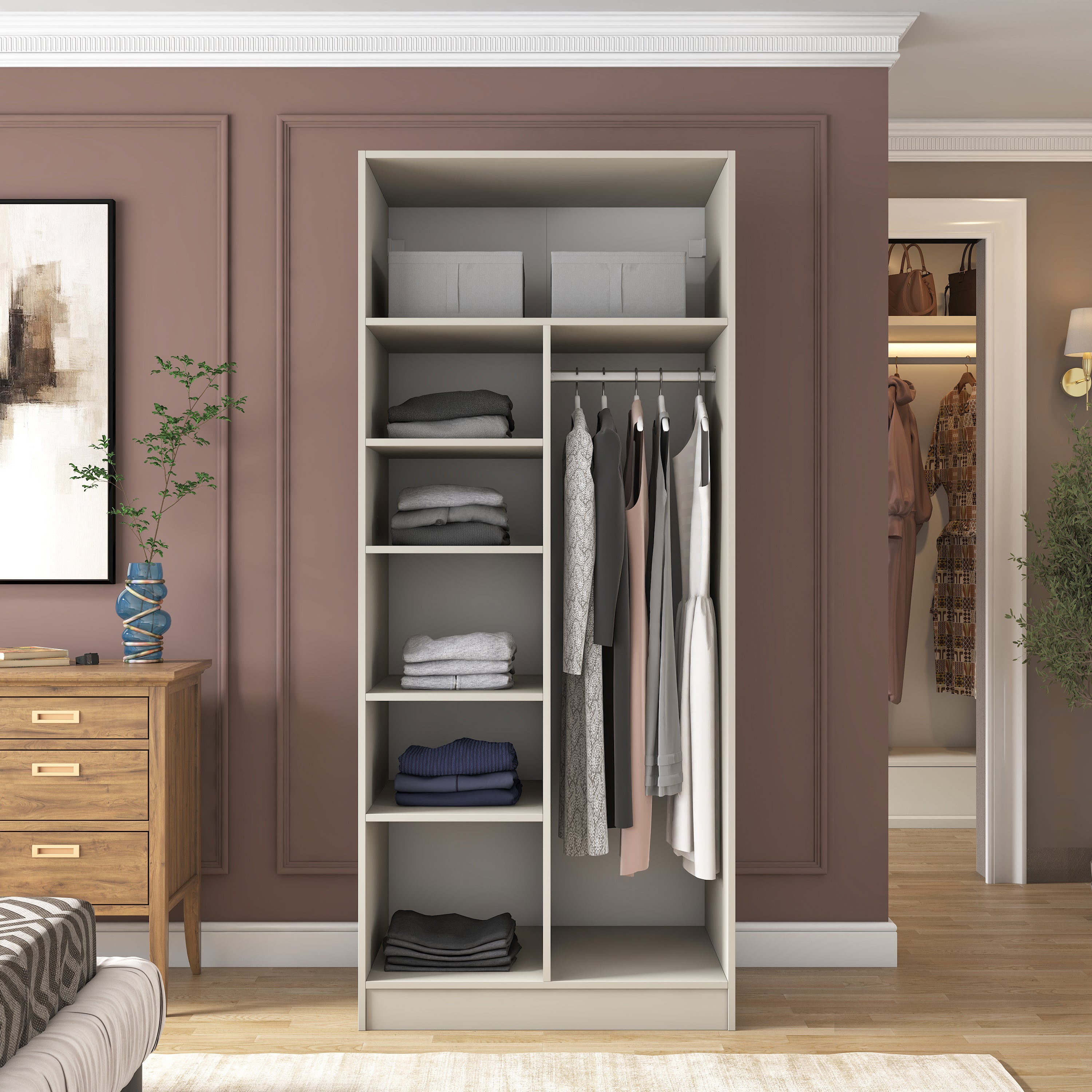 Rani BA257 Membran Kapaklı Gardırop 2 Kapaklı 5 Raflı Askılı Elbise Dolabı Kumtaşı