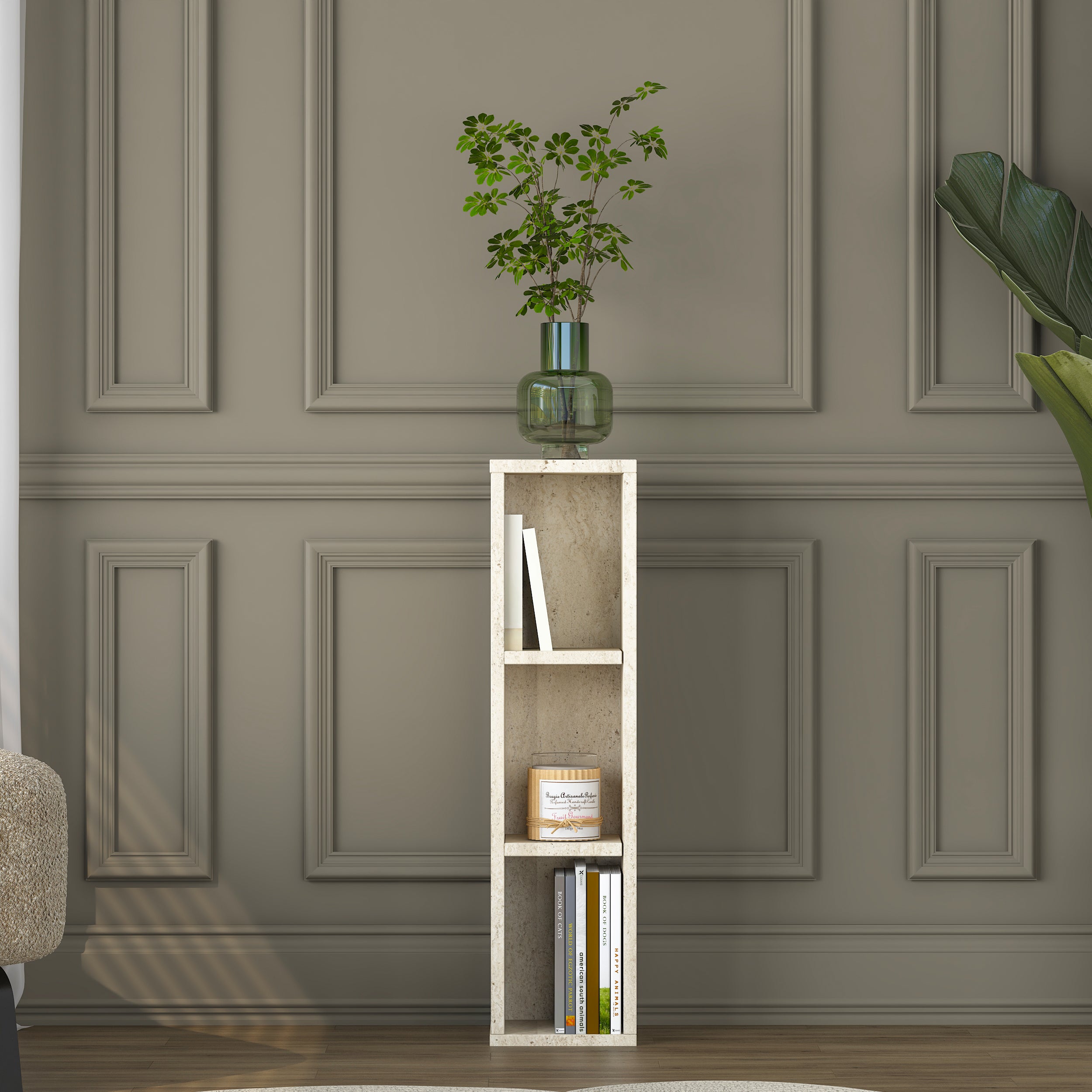 Rani AD103 Modern Gizli Bölmeli Sütun Yan Sehpa Traverten