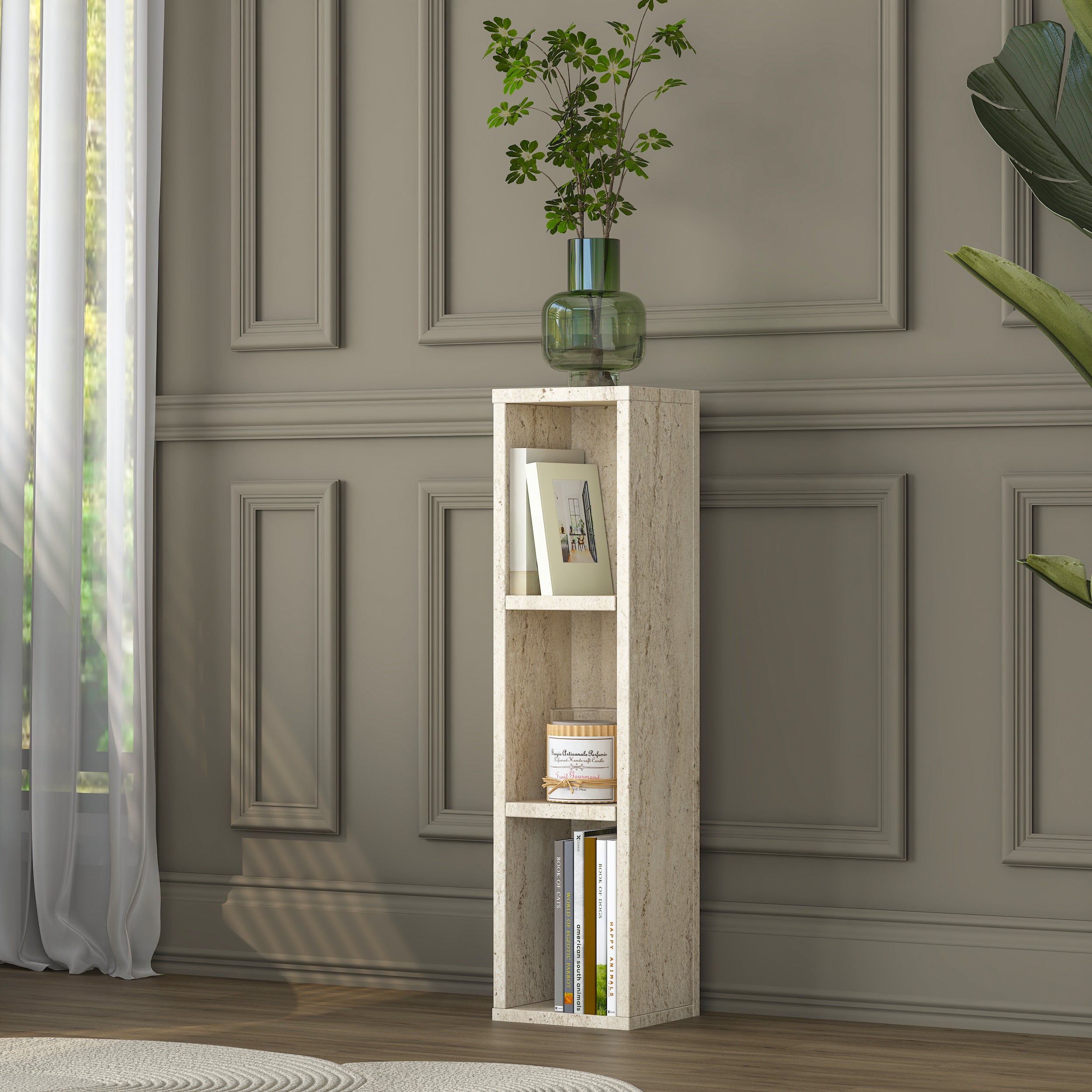 Rani AD103 Modern Gizli Bölmeli Sütun Yan Sehpa Traverten