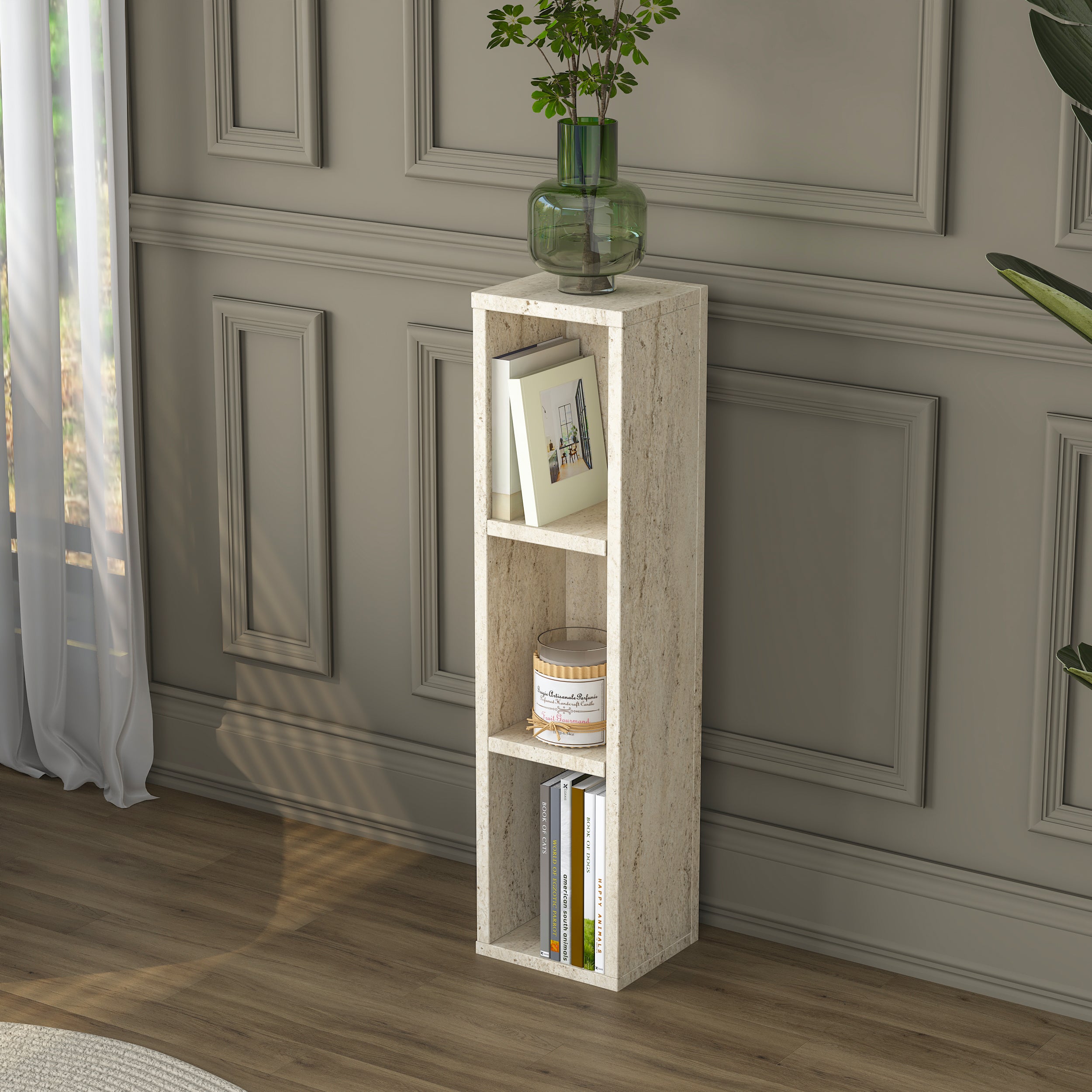 Rani AD103 Modern Gizli Bölmeli Sütun Yan Sehpa Traverten