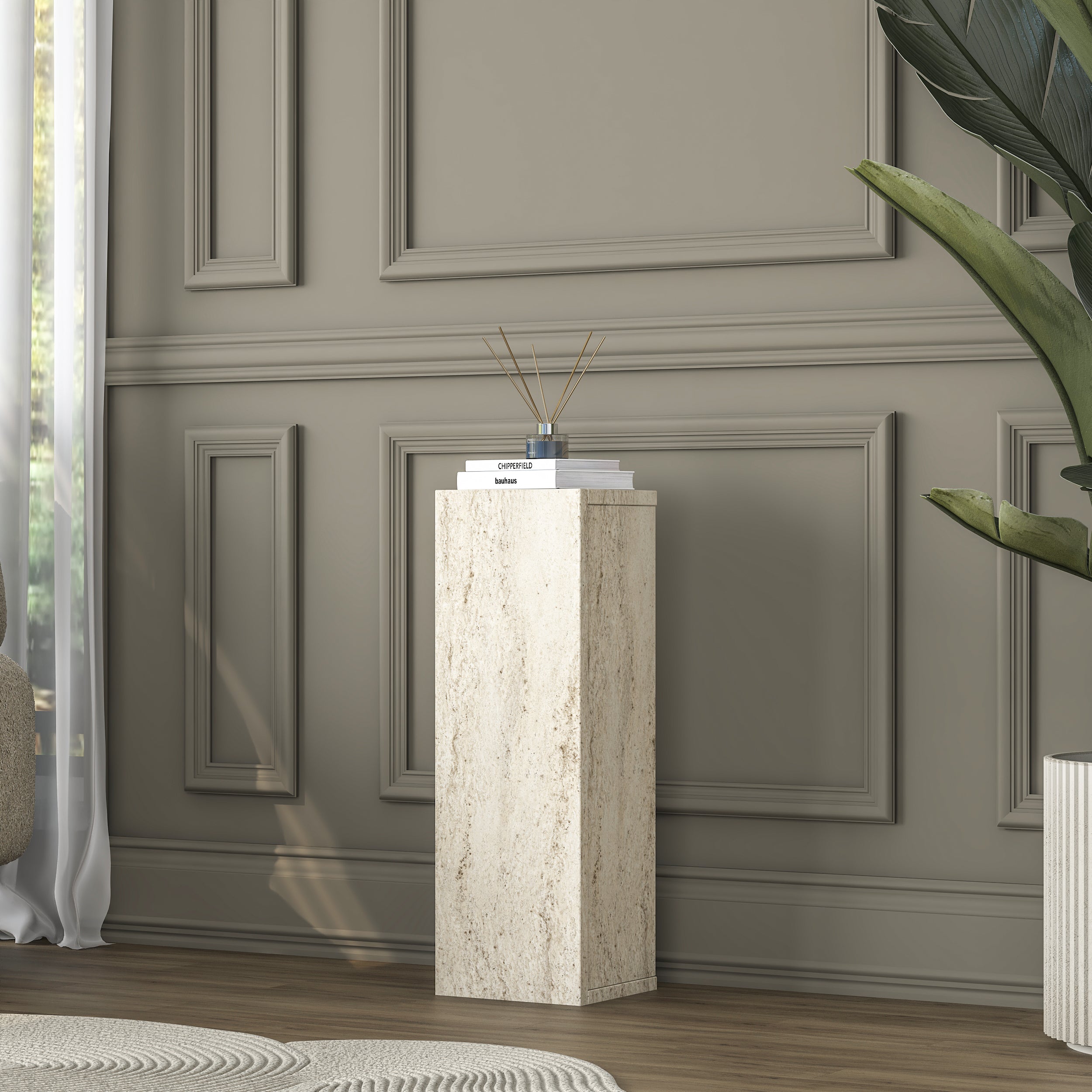 Rani AD104 Modern Gizli Bölmeli Sütun Yan Sehpa Traverten