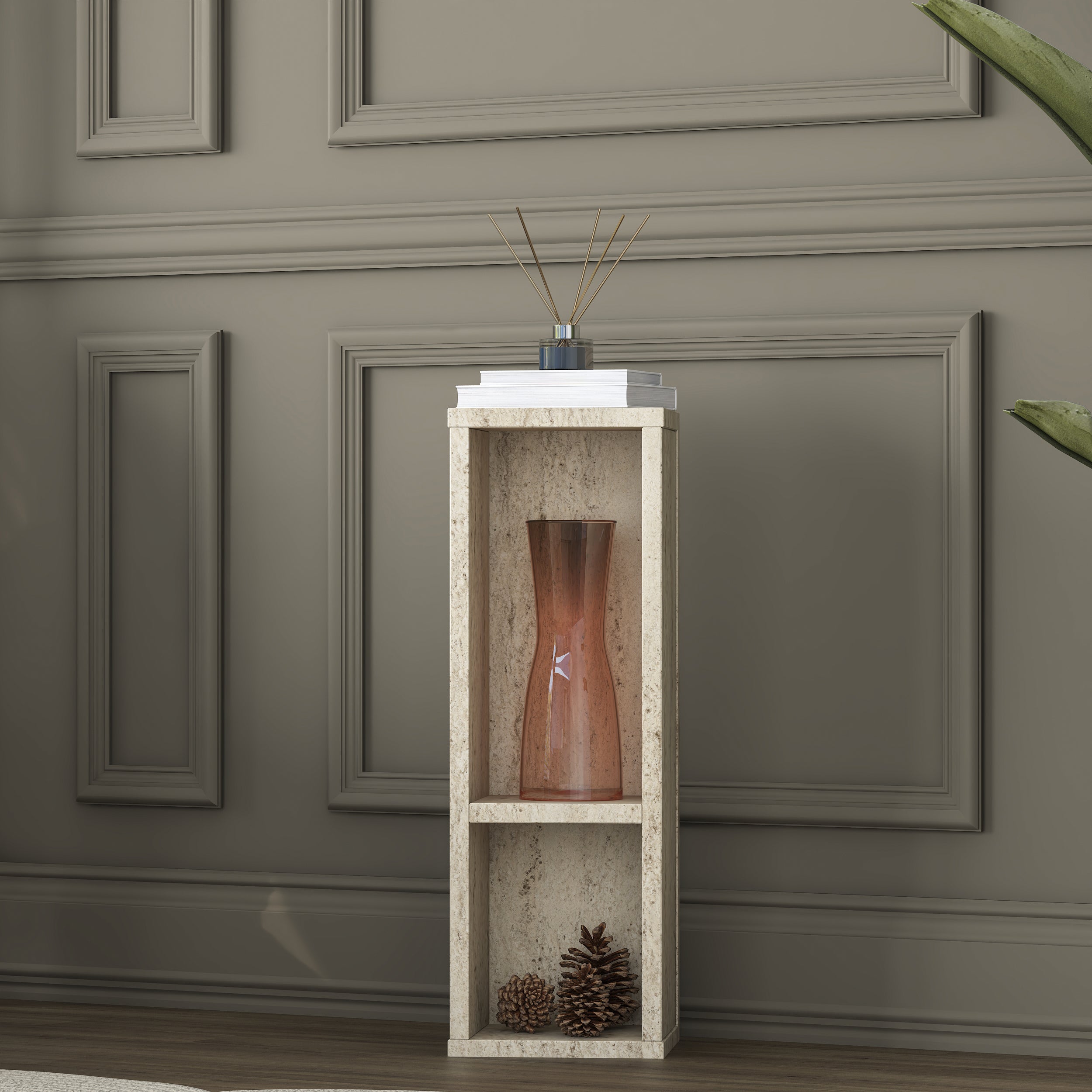 Rani AD104 Modern Gizli Bölmeli Sütun Yan Sehpa Traverten