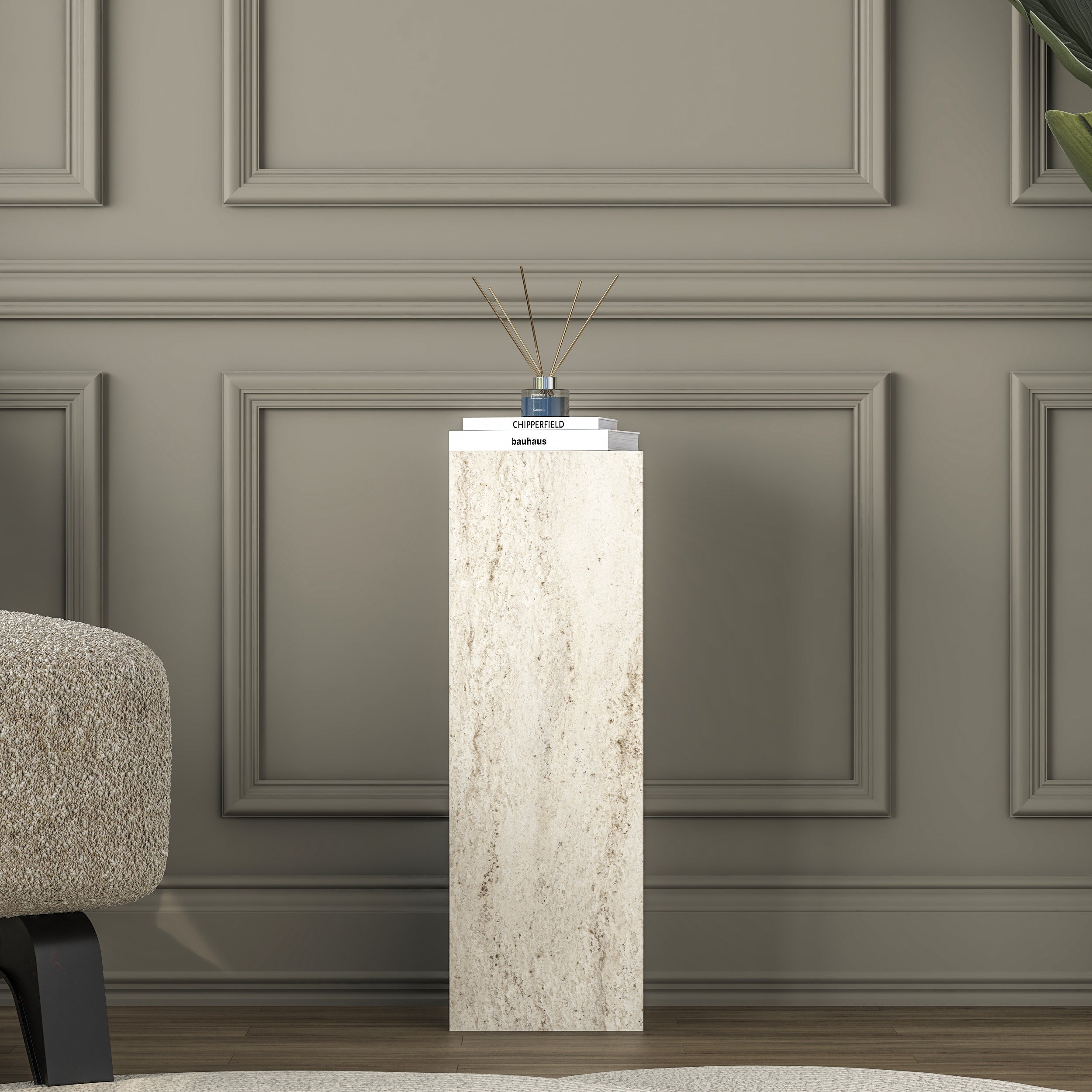 Rani AD104 Modern Gizli Bölmeli Sütun Yan Sehpa Traverten