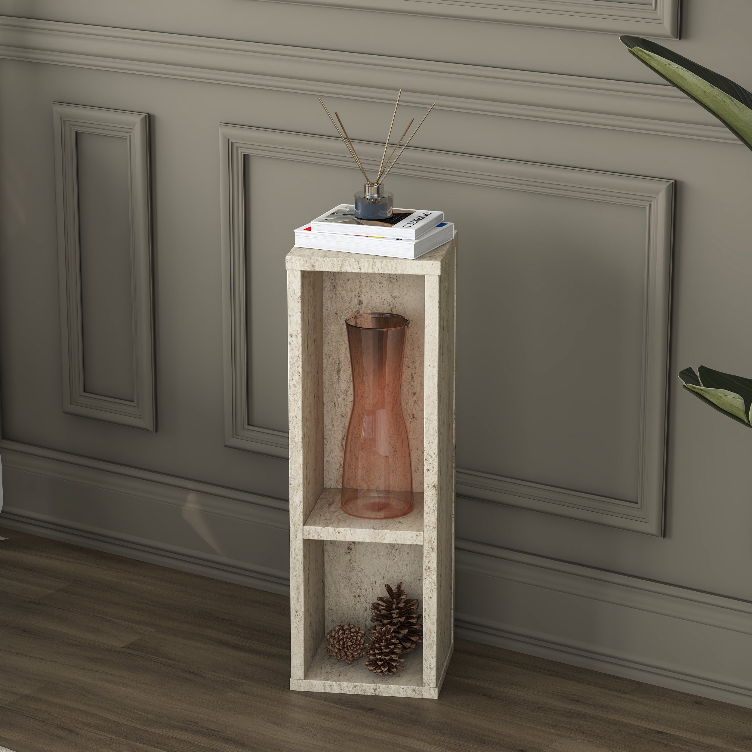 Rani AD104 Modern Gizli Bölmeli Sütun Yan Sehpa Traverten