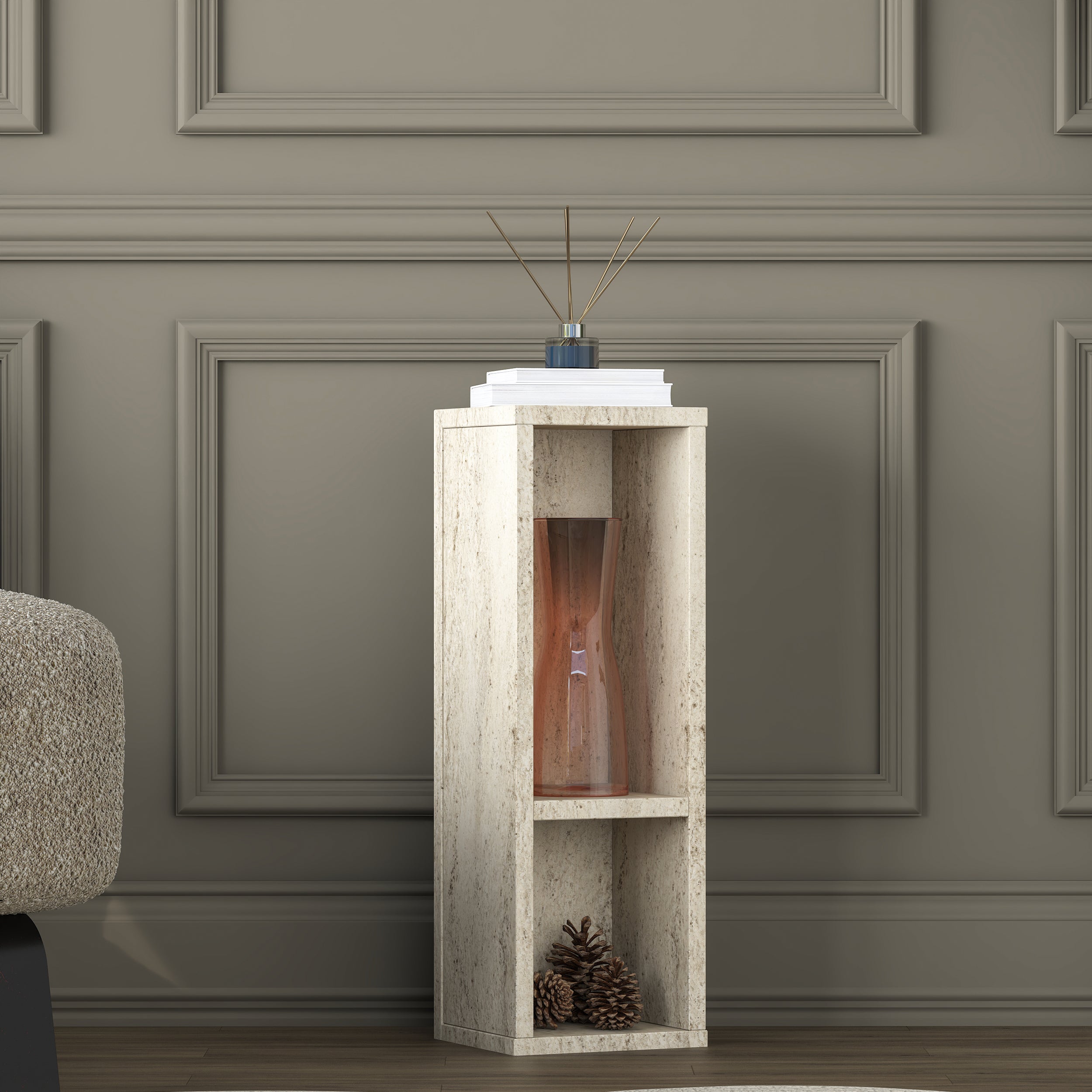 Rani AD104 Modern Gizli Bölmeli Sütun Yan Sehpa Traverten