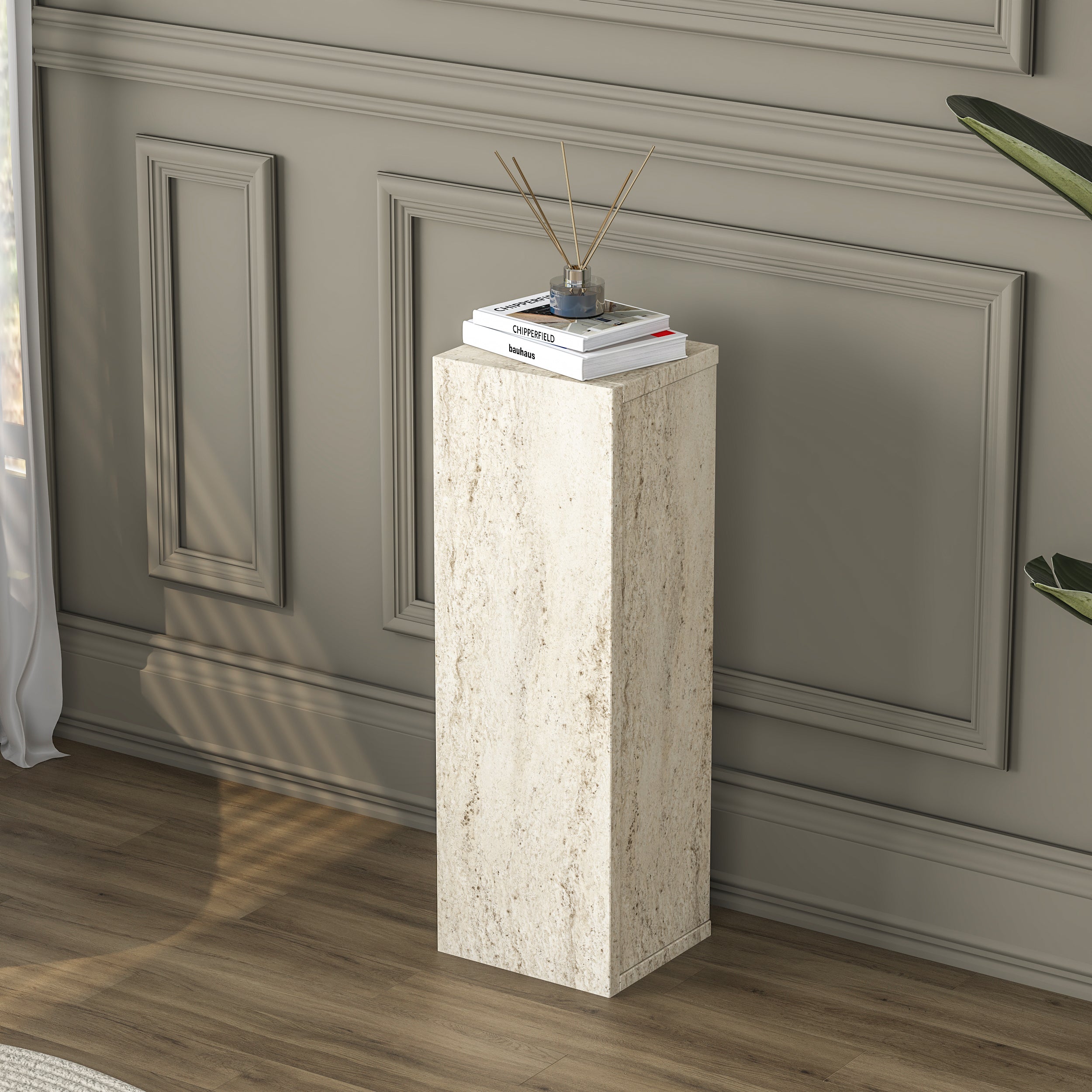 Rani AD104 Modern Gizli Bölmeli Sütun Yan Sehpa Traverten