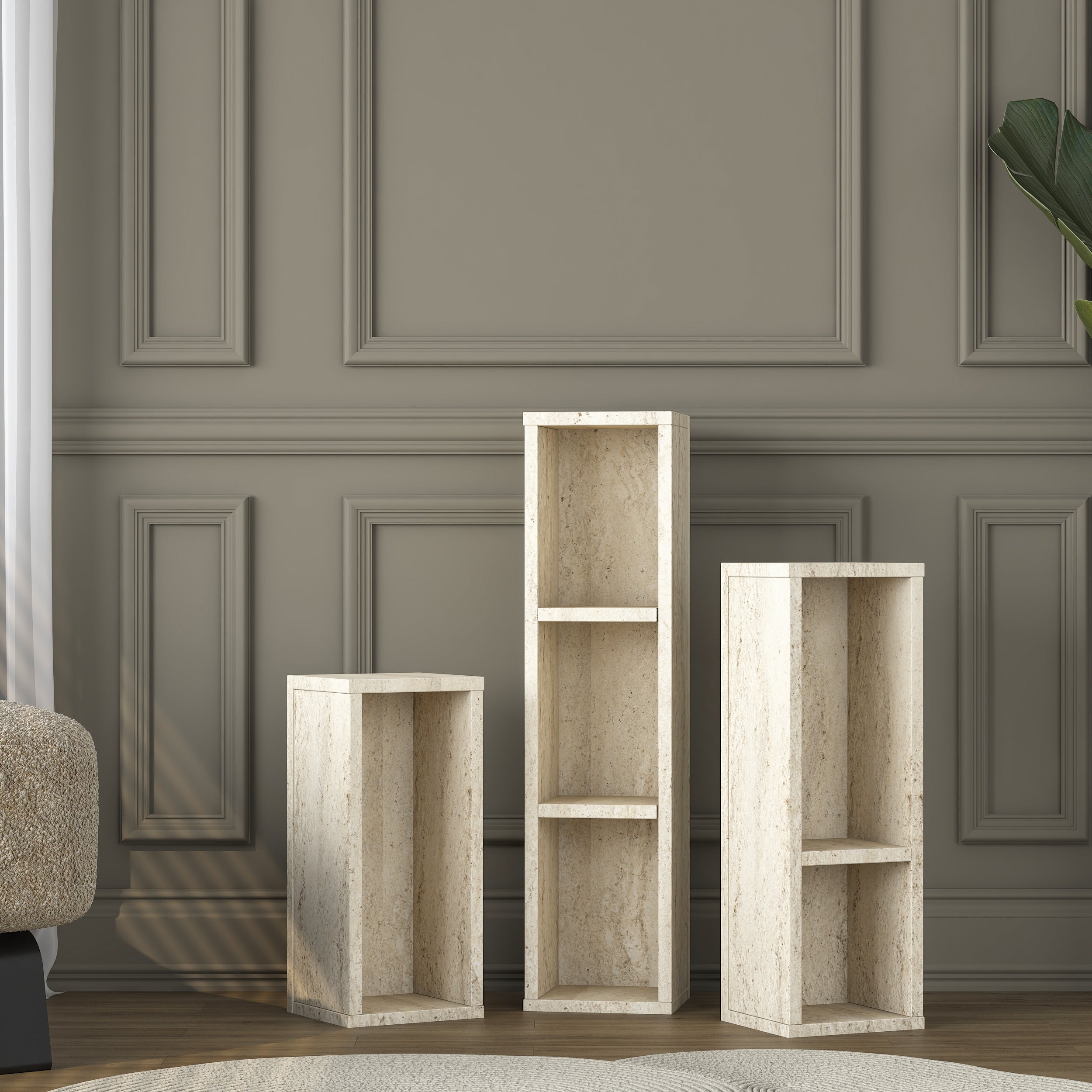 Rani AD106 Modern Gizli Bölmeli Sütun Yan Sehpa Takımı Traverten