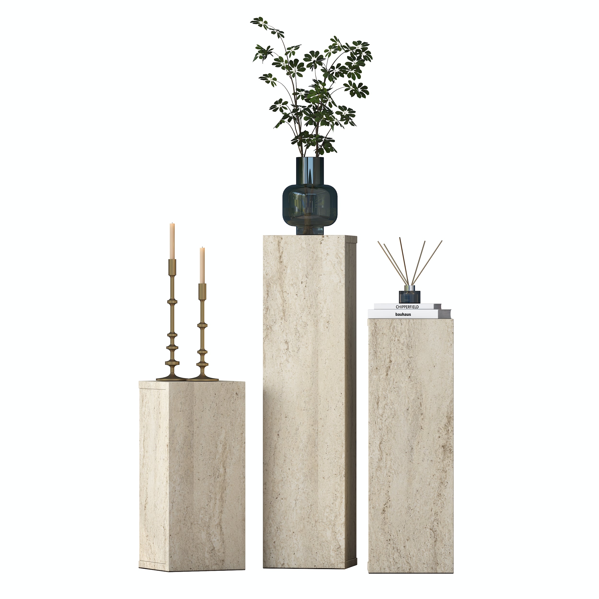 Rani AD106 Modern Gizli Bölmeli Sütun Yan Sehpa Takımı Traverten