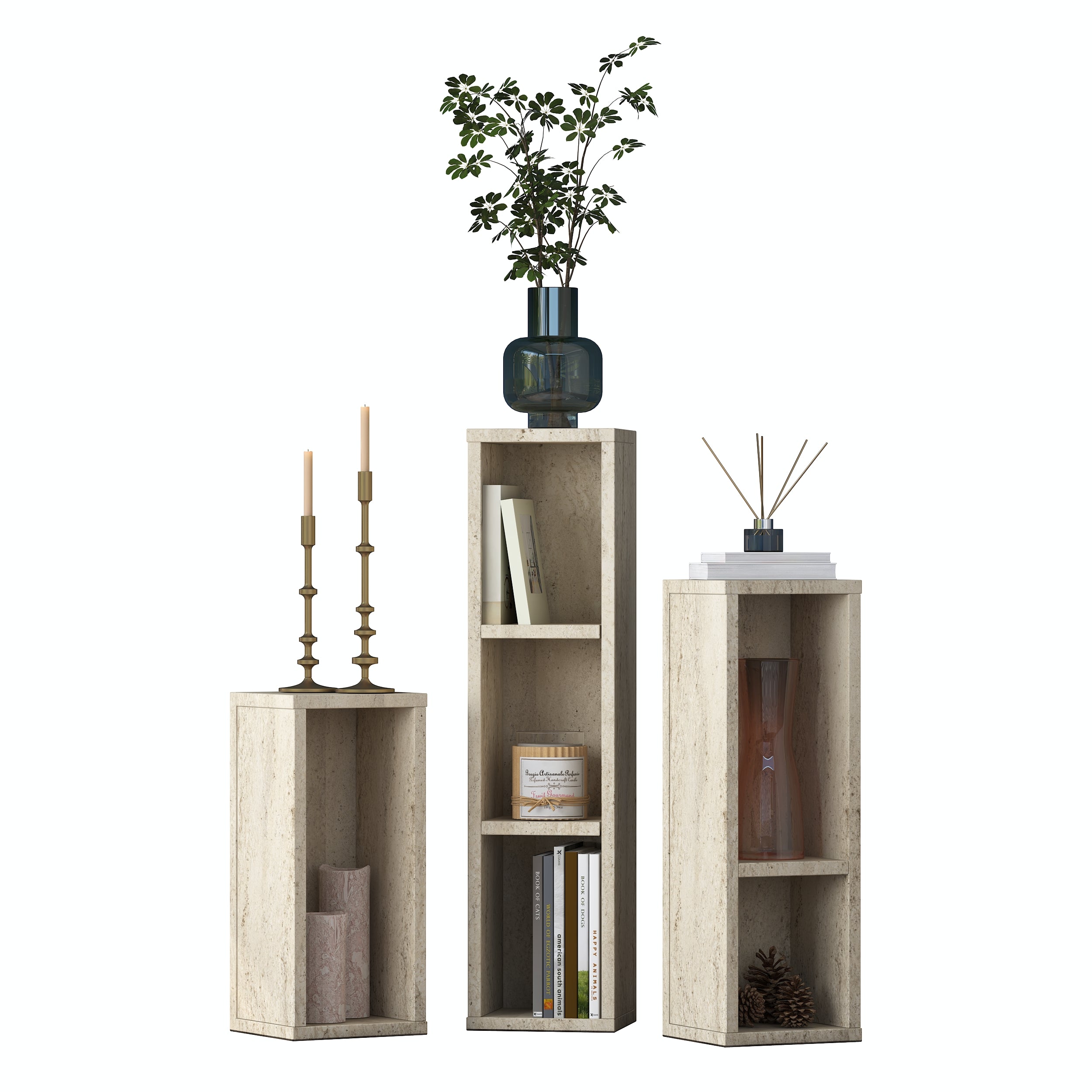 Rani AD106 Modern Gizli Bölmeli Sütun Yan Sehpa Takımı Traverten