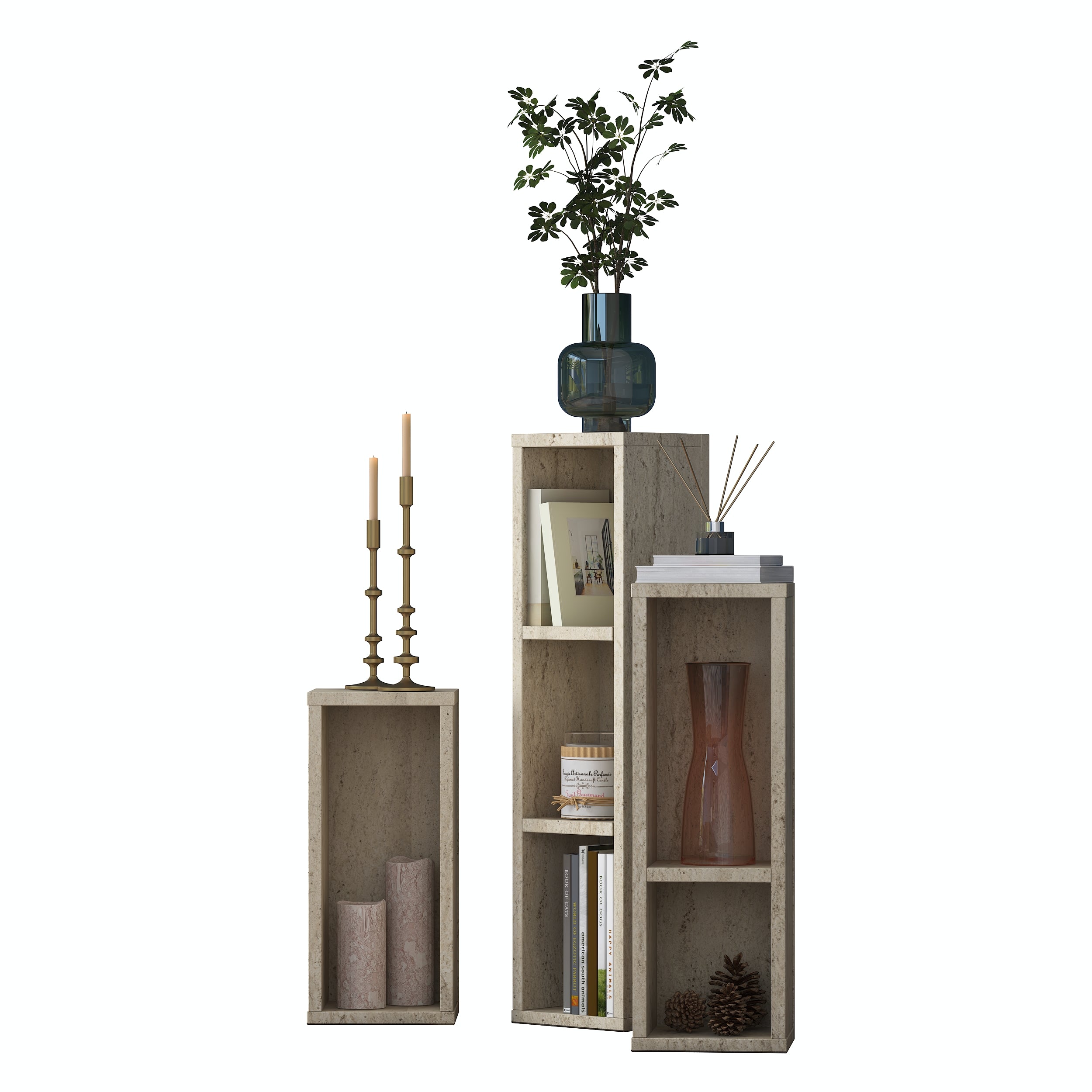 Rani AD106 Modern Gizli Bölmeli Sütun Yan Sehpa Takımı Traverten