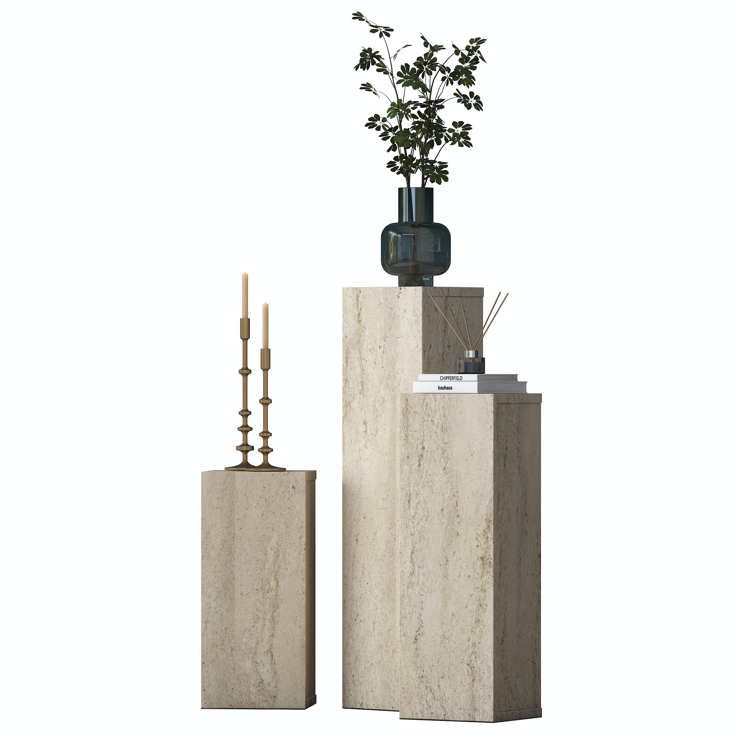 Rani AD106 Modern Gizli Bölmeli Sütun Yan Sehpa Takımı Traverten