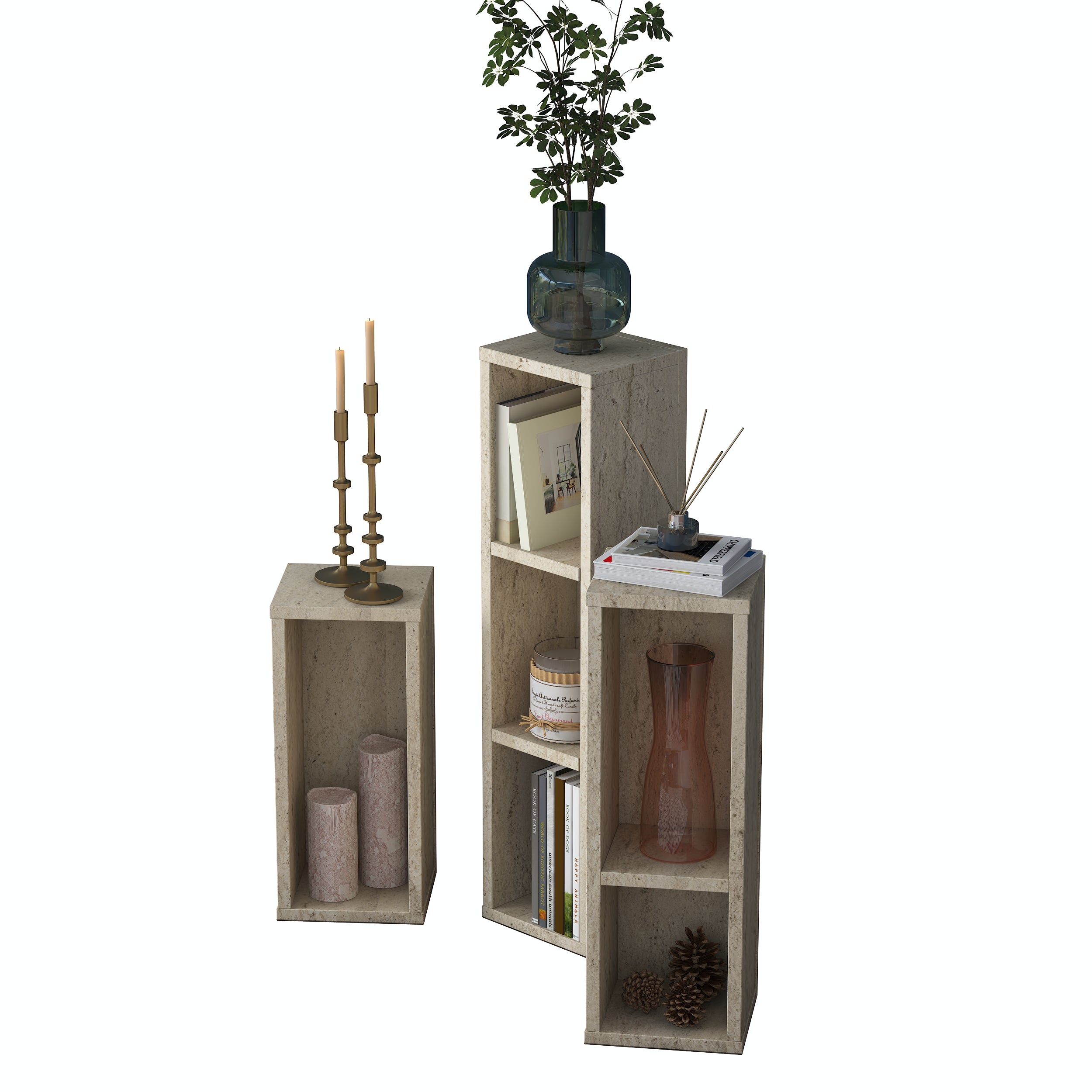 Rani AD106 Modern Gizli Bölmeli Sütun Yan Sehpa Takımı Traverten