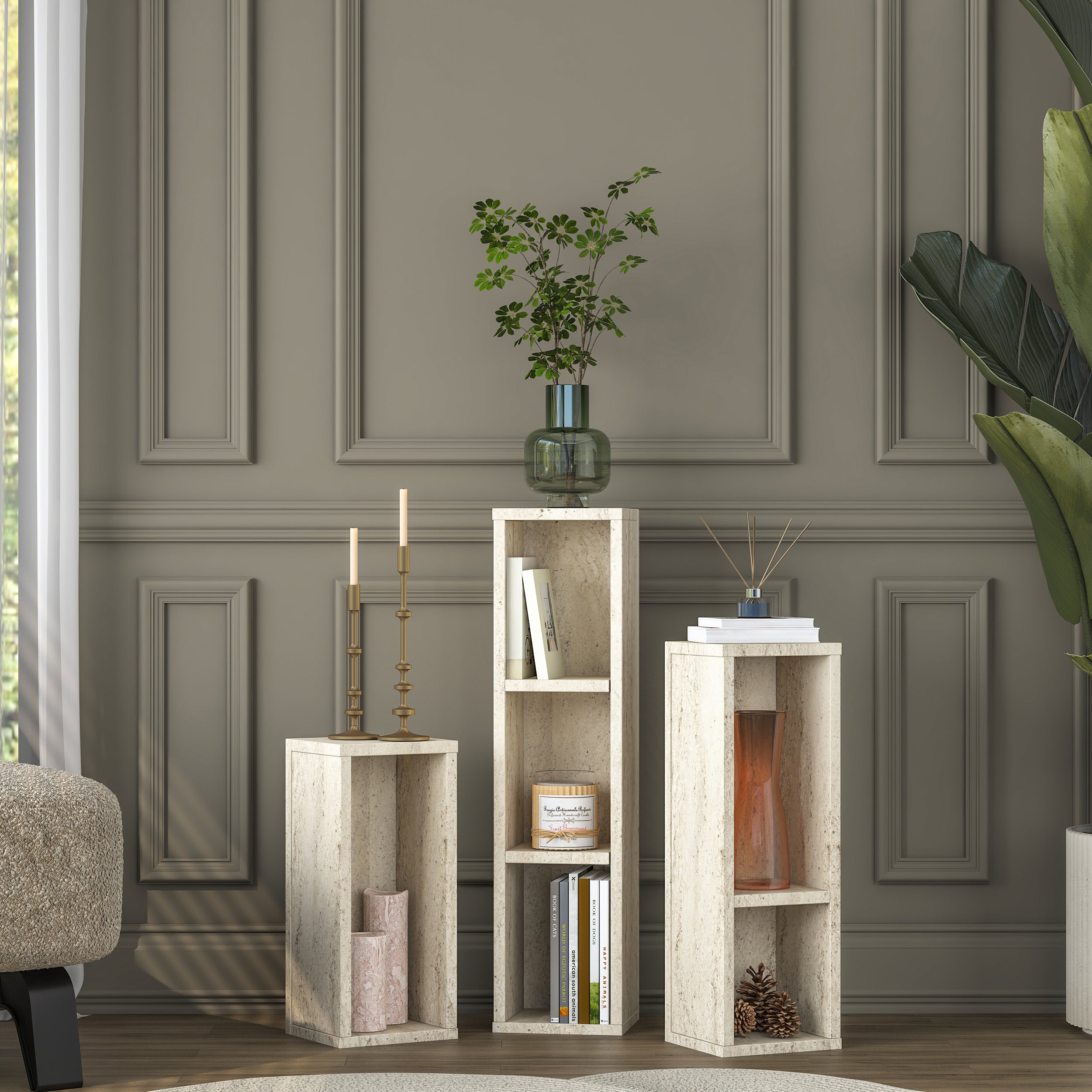 Rani AD106 Modern Gizli Bölmeli Sütun Yan Sehpa Takımı Traverten